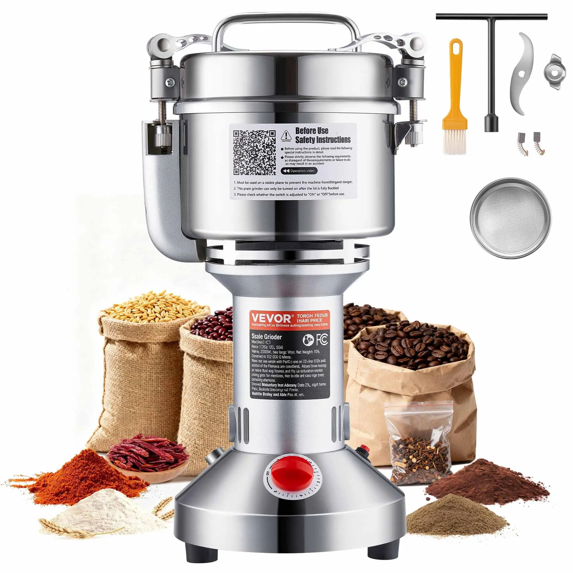 VEVOR 750g Electric Grain Mill Grinder, 2000W Power High-Speed Stainless Steel Pulverizer, Commercial Upgraded Hand Tool for Dry Grains, Spice Grinding Straight-Type Powder Machine