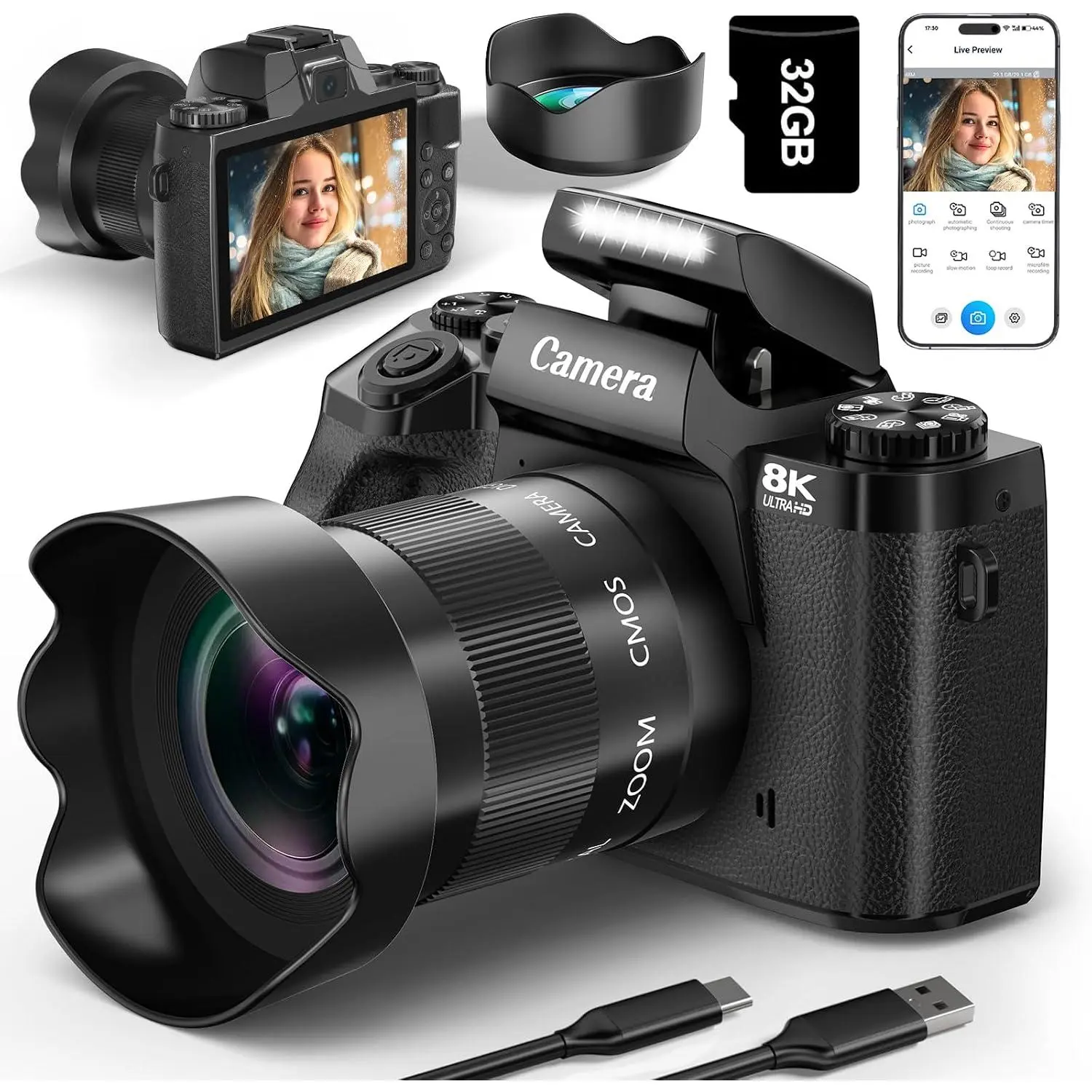 8K Digital Cameras for Photography,64MP WiFi Vlogging Camera for YouTube
