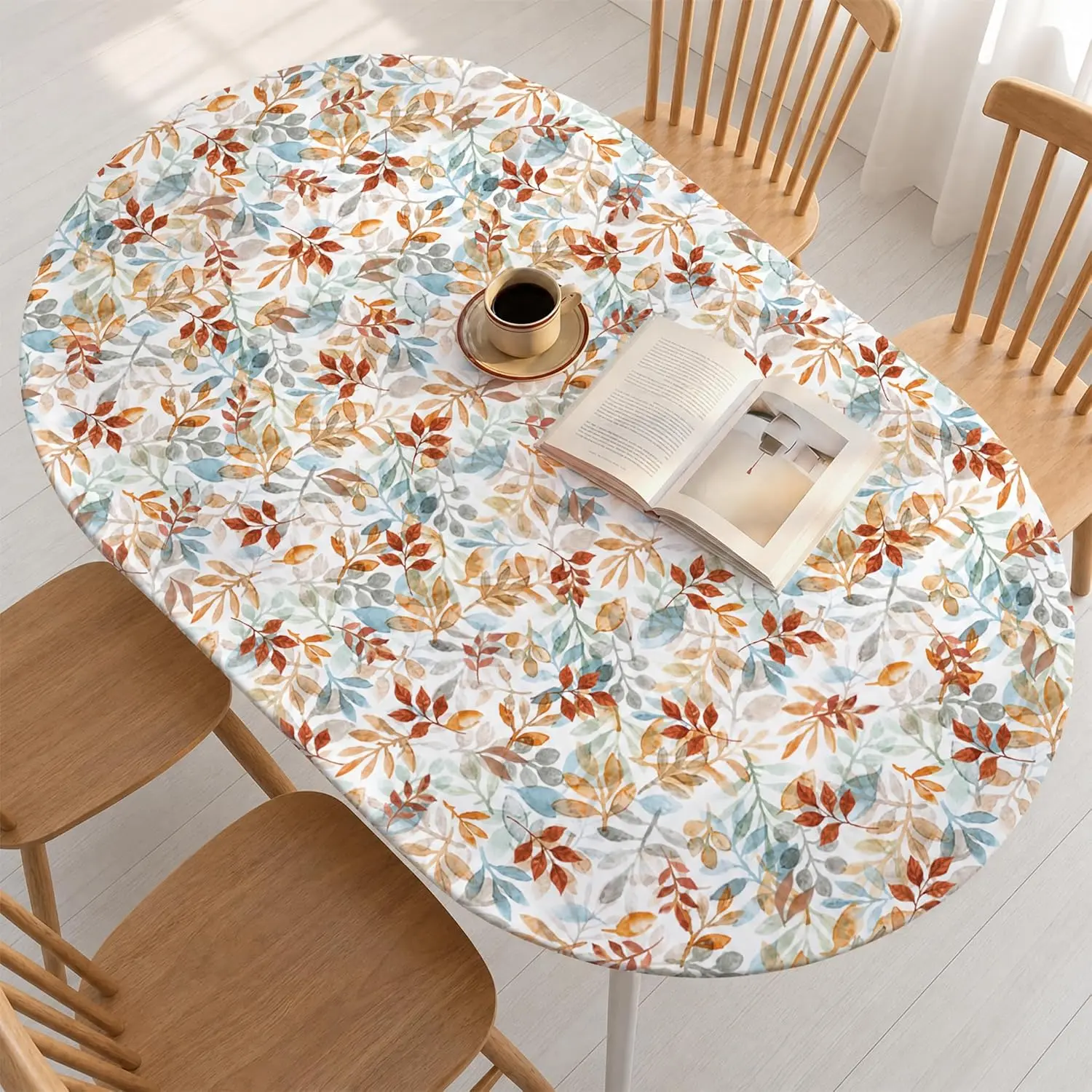 Horaldaily Fall Fitted Polyester Tablecover, 64x44 Inch Oval Maple Leaf Print Orange Watercolor Thanksgiving Washable Table Cover with Elastic Edge for Dining, Picnic, Decorations