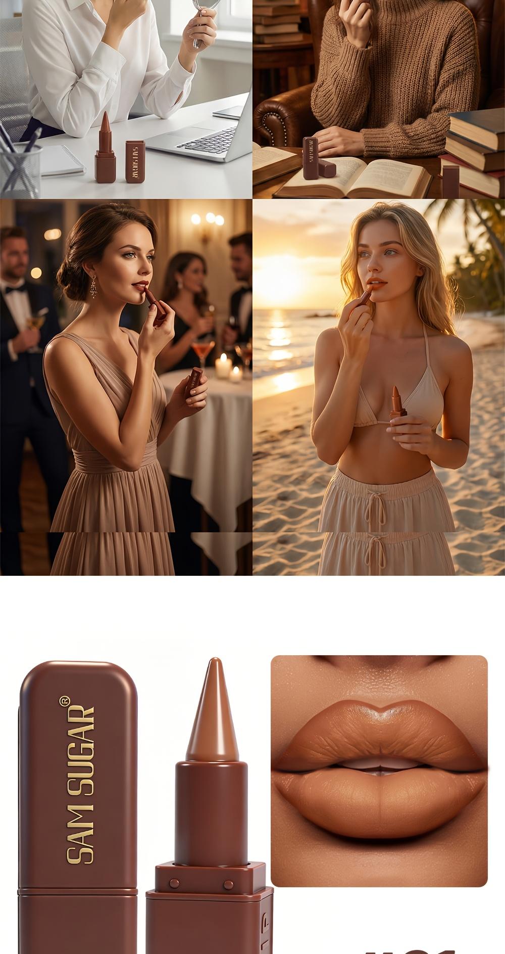1pc SAM SUGAR Chocolate Matte Lipstick, 6 Colors Long-Lasting Waterproof Lip Stick, Smooth Velvet Lip Tint for Daily & Party Makeup