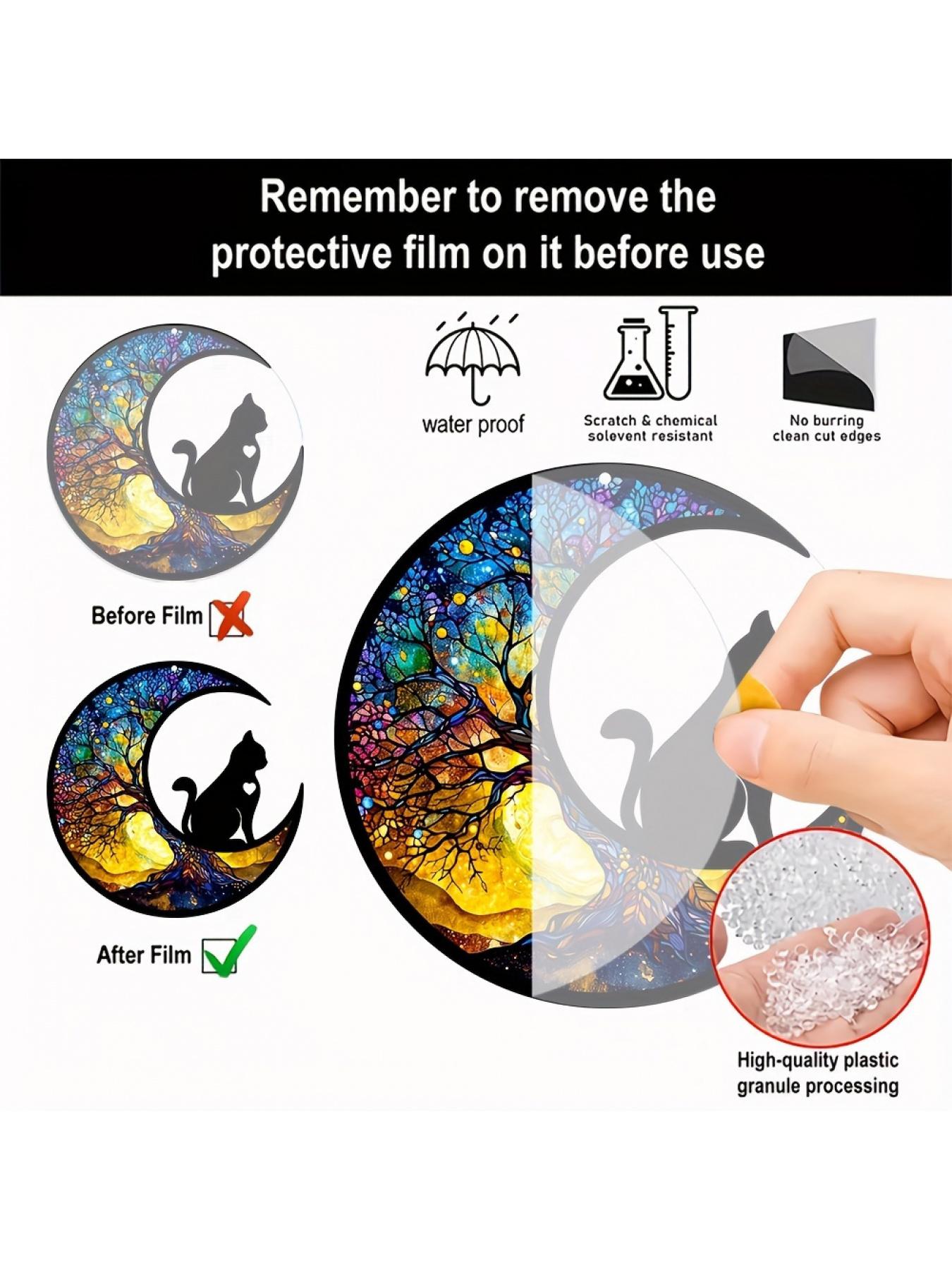 2D Flat Enchanted Cat Moon Phase Acrylic Suncatcher Painted Stained Glass Style Window Ornament Home Garden Decoration Ideal Gift for Mom and Friends
