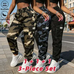 3PC Women's Camouflage Sports Pants, Casual Outdoor Jogging Breathable Fitness Pants, Hiking Camping Multi Pocket, Elastic Waist Drawstring Design, Women's Work Pants