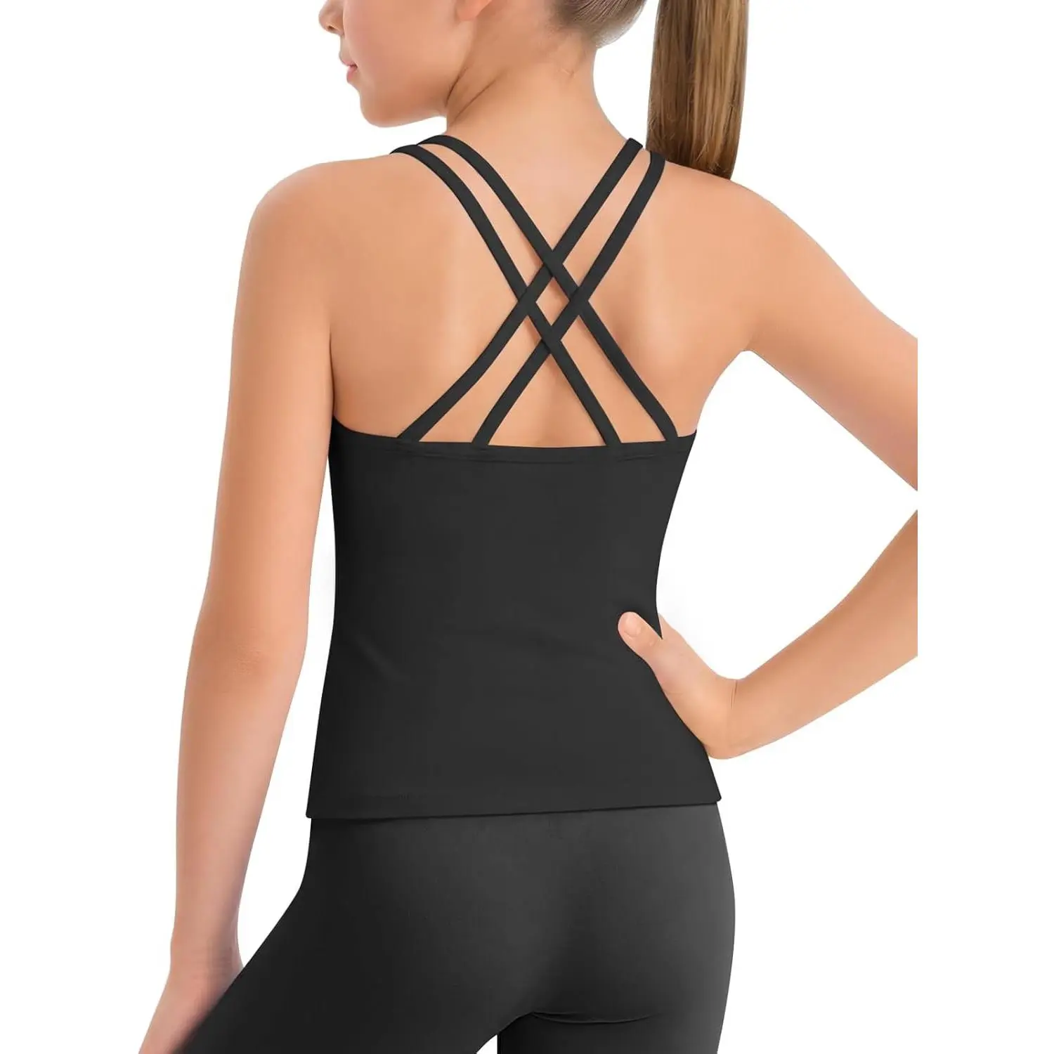 Girls Tank Tops Athletic Crisscross Back Sleeveless Camisole | Kids Active Running Workout Gym Yoga Dance Crop Top 5-14Y, with Removable Pads for 9-14 Years, Soft Stretch Breathable Fabric
