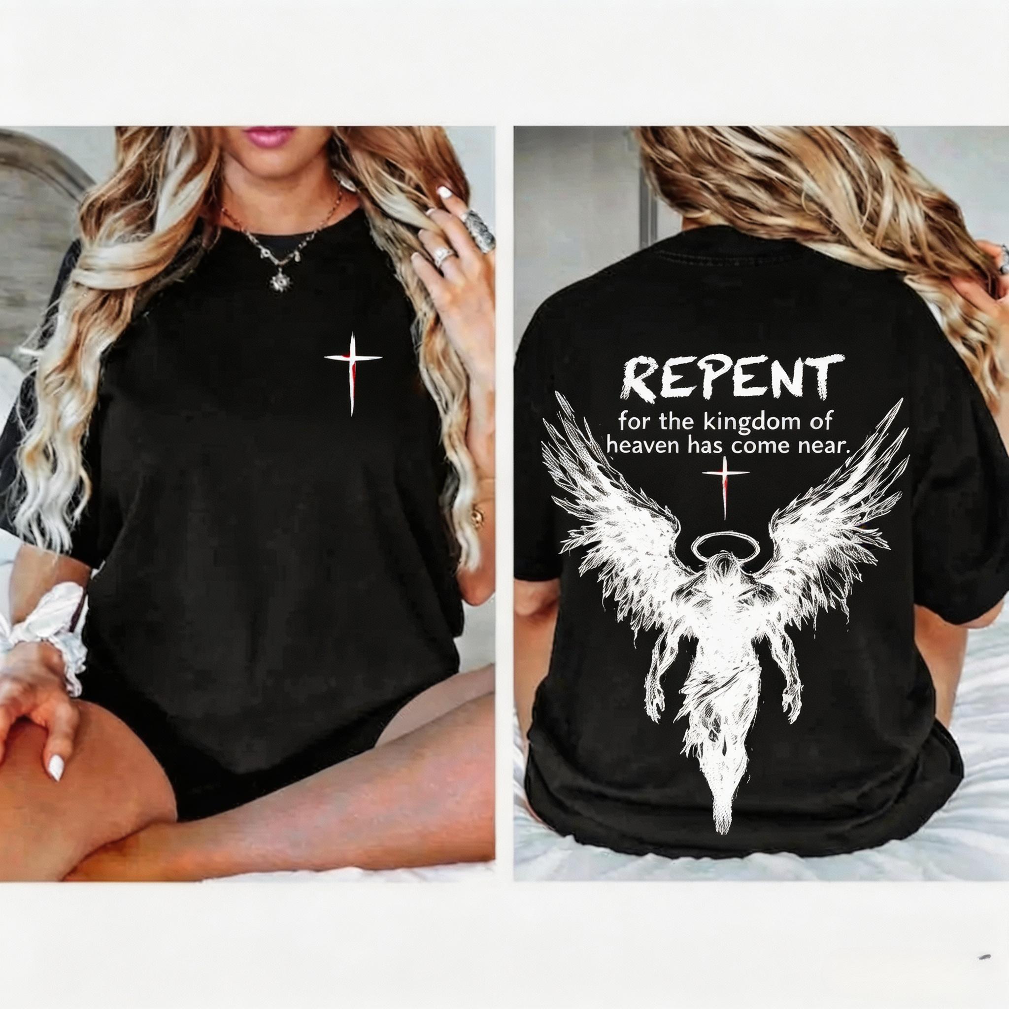Repent Vintage Washed Oversized Christian T-Shirt, Angel Wings Faith Graphic Tee, "Kingdom of Heaven Has Come Near" Gospel Streetwear Top, Heavy Cotton Unisex Retro Worship Shirt U8N, Apparel, Shortsleeve