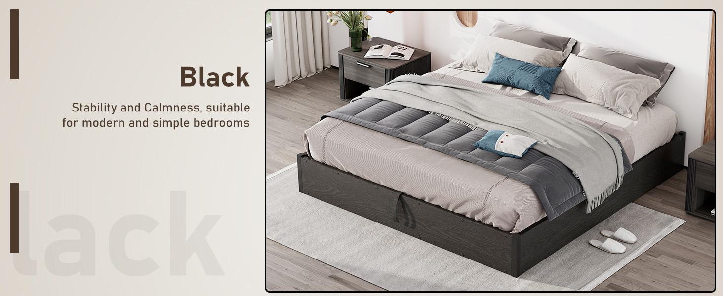 VanAcc Lift Up Storage Bed, Farmhouse Bed Frame with Storage Underneath, Wooden Platform Bed Frame, Solid Wood Slats Support, No Fixed Headboard, No Box Spring Needed