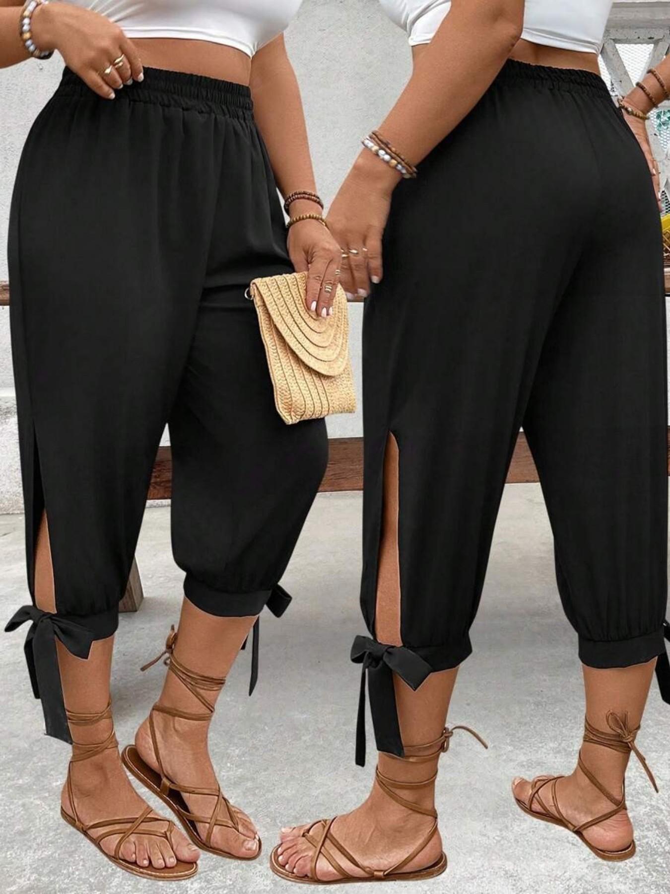 Women's Plus Size Three-Quarter Pants, Elastic High Waist Design, Side Slit Detail, Comfortable and Stylish Casual Bottoms, Casual Style Bottoms, Casual Fashion Pants