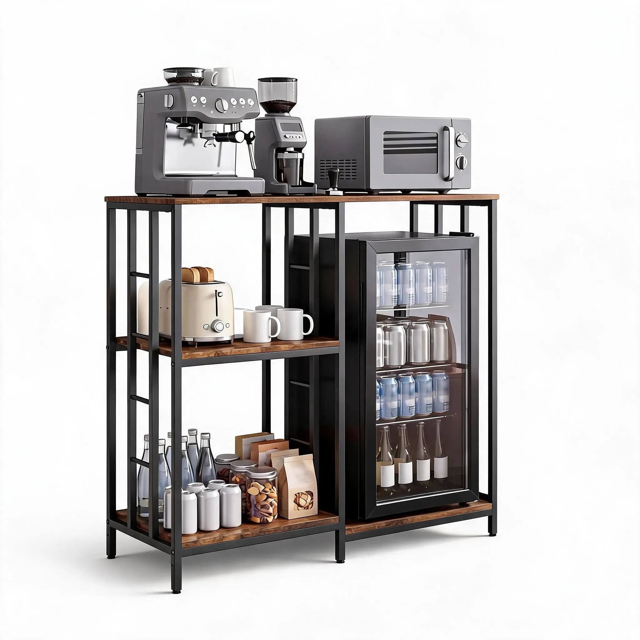 Garvee Industrial Baker’s Rack, 3-Tier Microwave/Oven Stand with Storage Shelves - Wood & Metal Freestanding Kitchen Appliance Shelf, Coffee Bar Station, Refrigerator Shelf