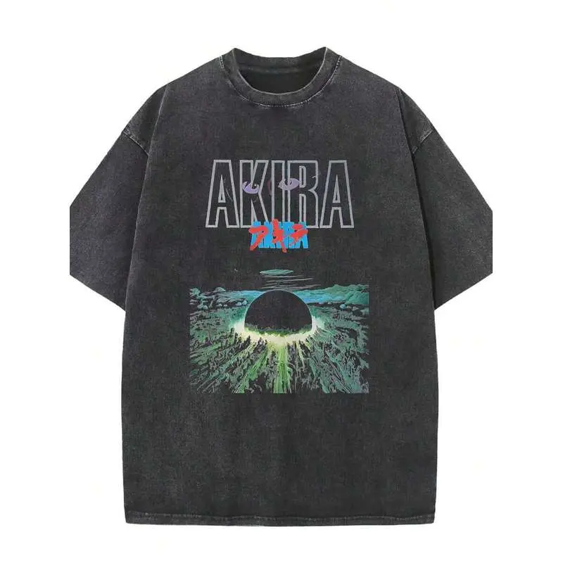 Men's 100% Cotton Vintage Washed Black Casual Round Neck Printed Graphic T-Shirt - Short Sleeve Akira Explosion Art, Machine Washable, Street Style Menswear Tops, Year-Round Wear