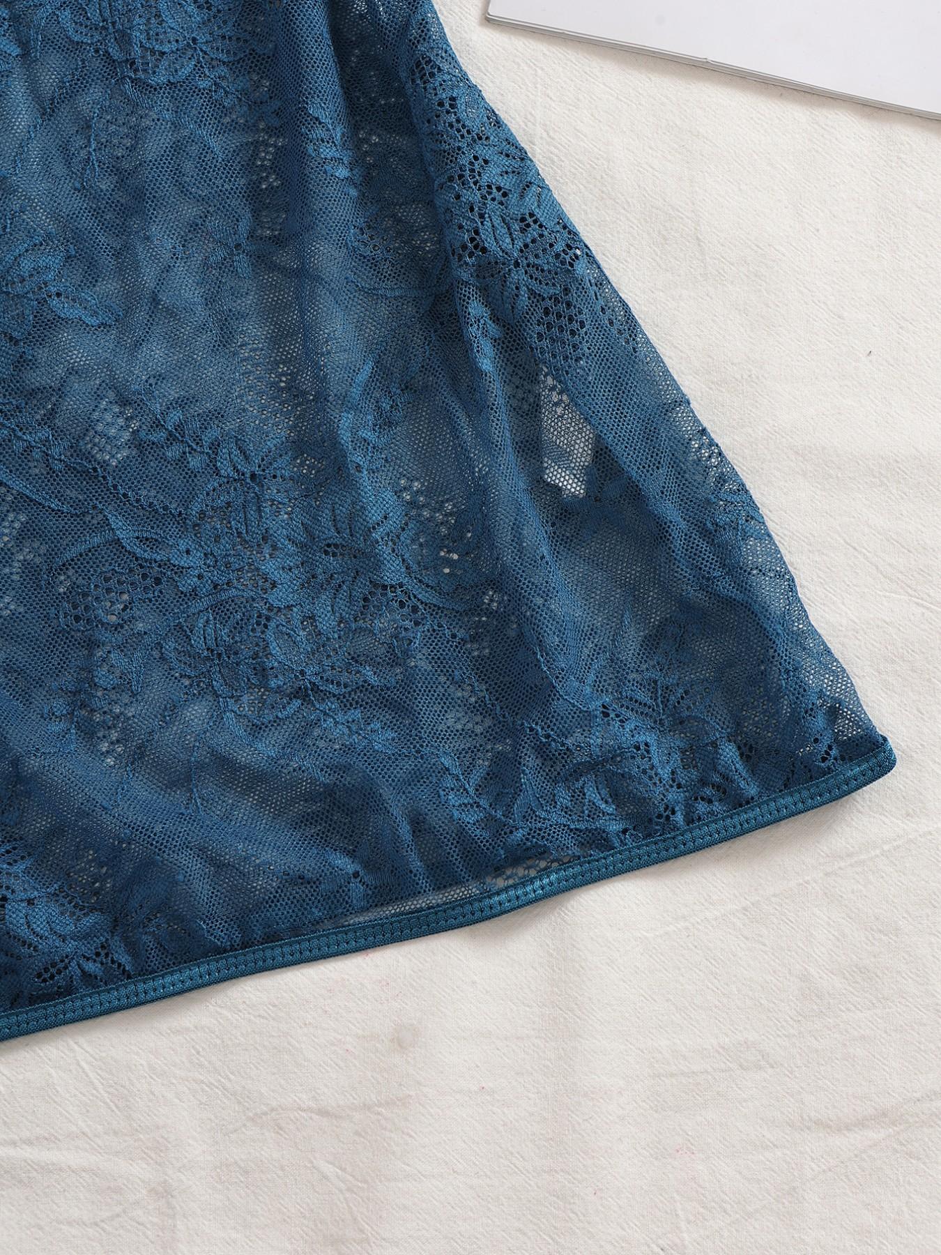 Luxurious Blue Lace 2-Piece Lingerie Set, Satin Slim Fit Strapless Nightgown with Bra Cups, Matching Thong, Elegant Sleepwear for Women