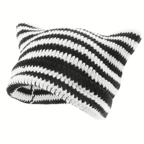 Striped Cat Ear Hat, Warm Beanie Hat for Women & Men, Pullover Hat for Outdoors, Fashion Accessories for Fall & Winter