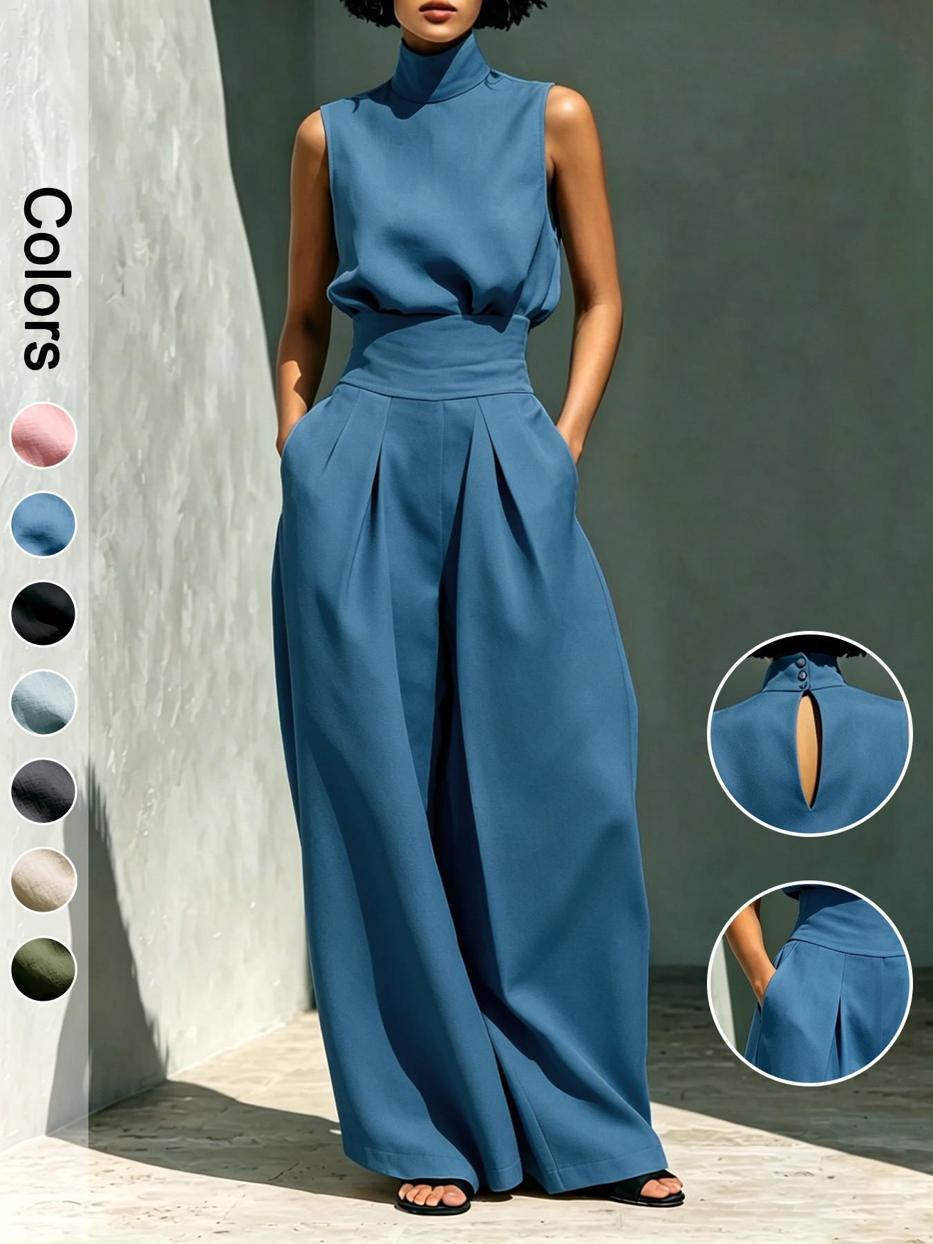 Women's Two-Piece Set, Clothes, High Waisted Sets, High Neck Sleeveless Top and High Waist Long Pants, Elegant Formal Office Wear Outfit
