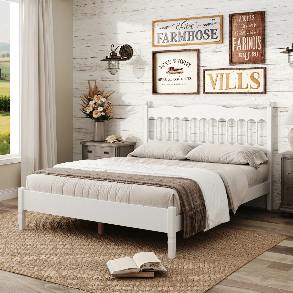 Queen Size Platform Bed, Wooden Bed Frame with Spindle Headboard, Heavy-Duty Bed Frame with Slats Support, No Box Spring Required, Easy Assembly, White