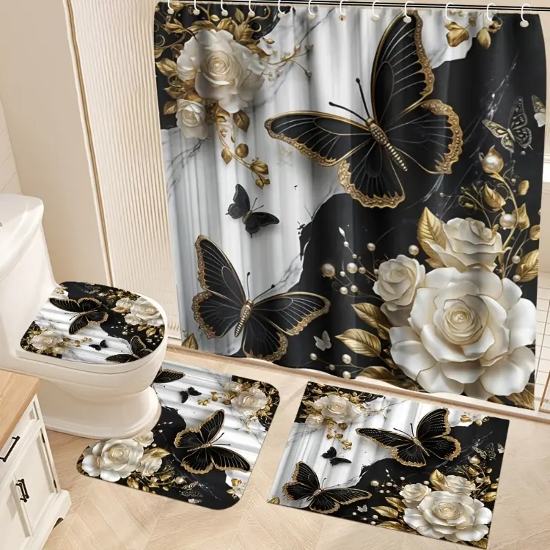Black & Gold Butterfly Shower Curtain Set (4pcs) - Hanging Shower Curtains, 72x72in Polyester Waterproof Modern Glam Bathroom Decor, Includes Non-Slip Mat, Toilet Lid Cover & 12 Hooks