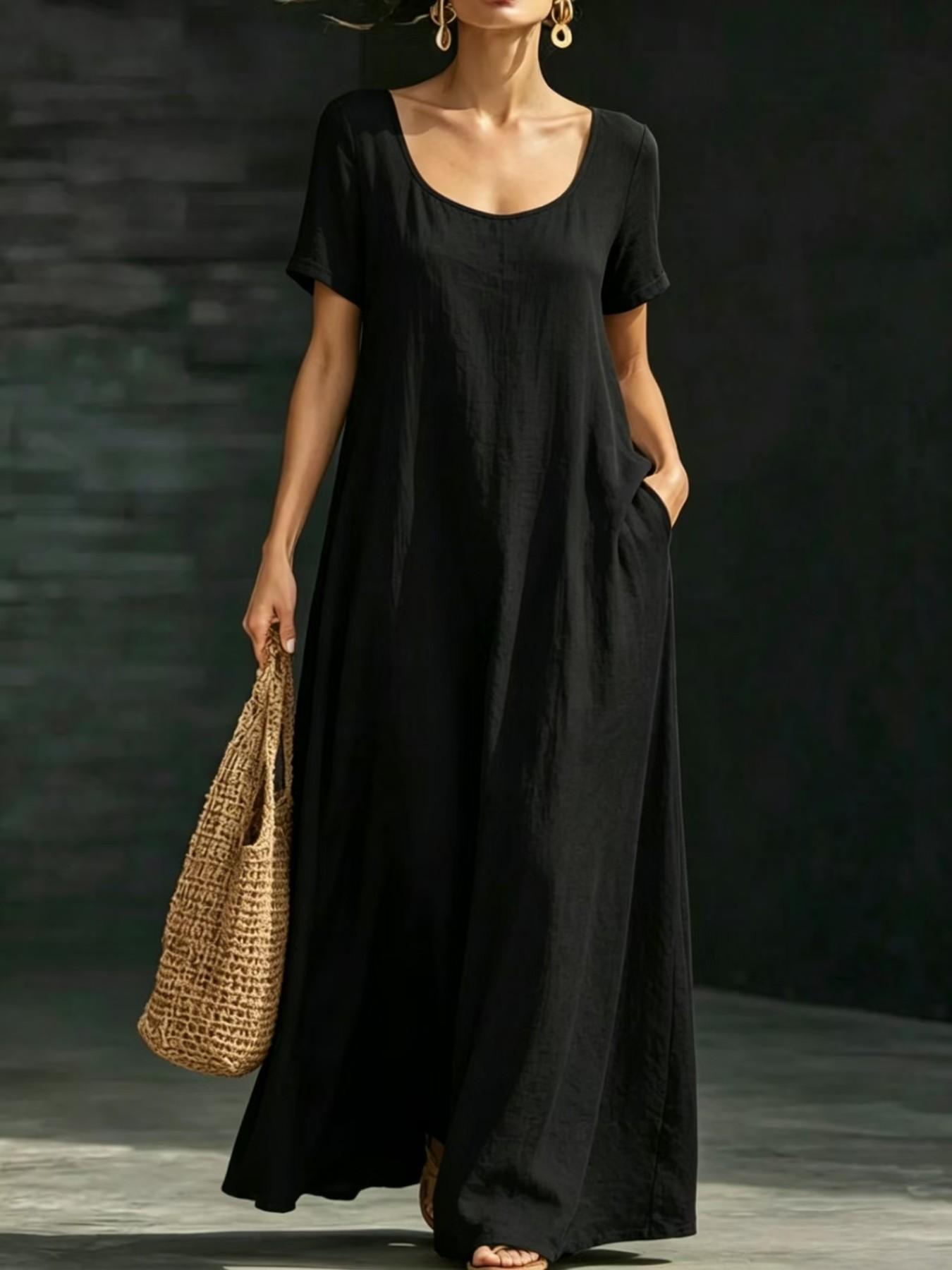 Summer Casual Solid Color Dress, Loose Fit A-Line Long Dress, Commute Vacation Beach Two-In-One, Beach Vacation Leisure Long Dress, Womenswear, Lady