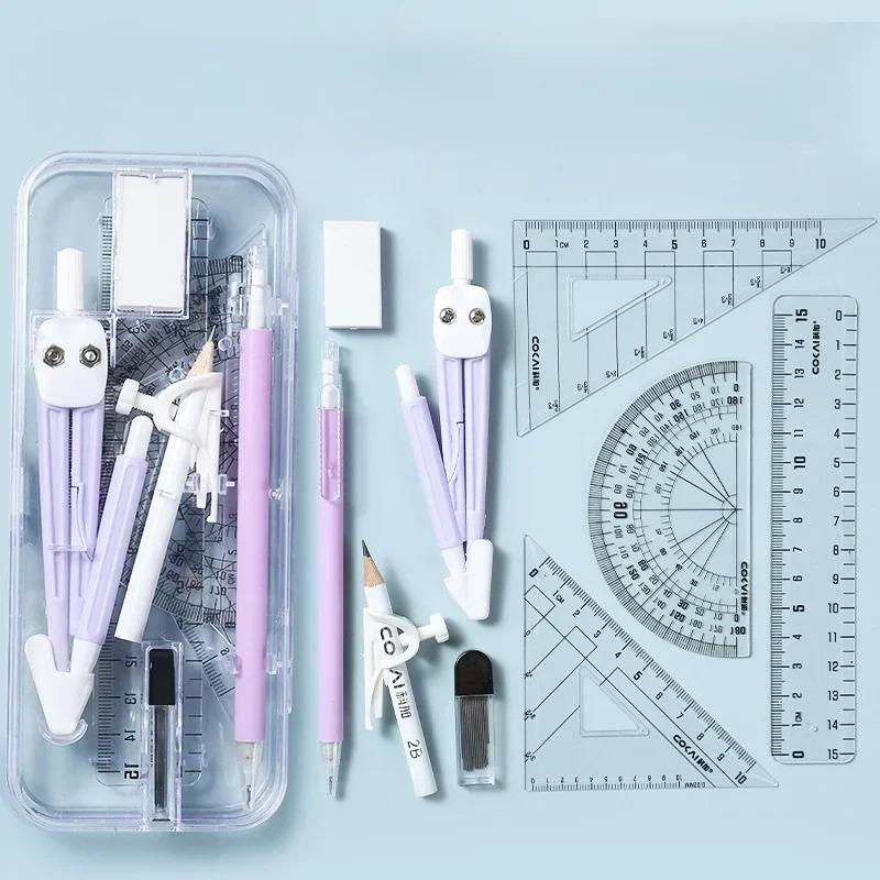 Clear Scale 9-piece Compass Ruler Set Measuring Ruler Student Math Drawing Tools Exam Kit for Elementary School Students