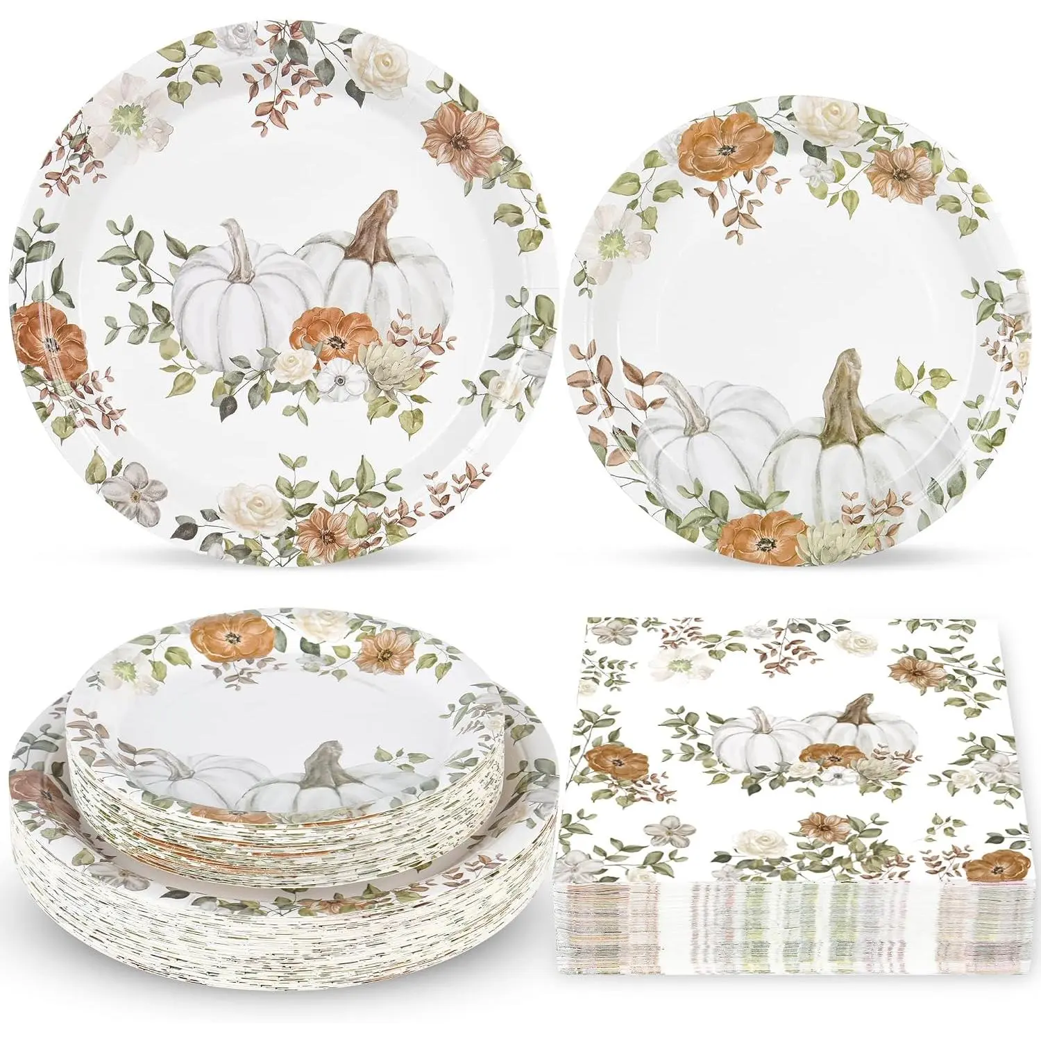 150 count Fall Plates and Napkins, White Pumpkin Thanksgiving Party Supplies | Elegant White Pumpkin Design Adds A Modern Autumn  to Fall Parties, Thanksgiving Events and Harvest Celebrations