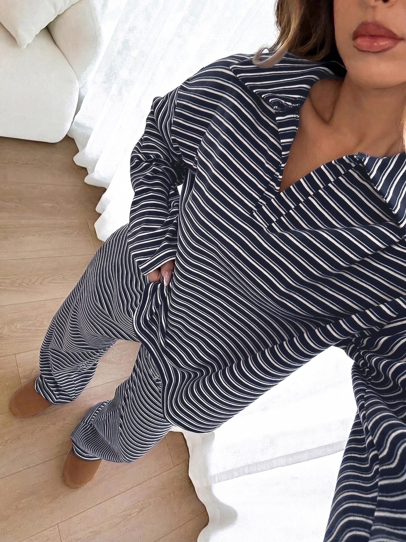 Women's 2pcs Set Loose Striped V-Neck Drop Shoulder Long Sleeve T-Shirt &Elastic Waist Striped Pants, Brown, Casual Sets For Women, Pajamas Set, Sleepwear Loungewear, Casual Sets For Women Brown Two Piece Set Women Women's 2pcs Set Loose Striped V-Neck Drop Shoulder Long Sleeve T-Shirt &Elastic Waist Striped Pants, Brown, Casual Sets For Women, Pajamas Set, Sleepwear Loungewear, Casual Sets For Women Brown Two Piece Set Women