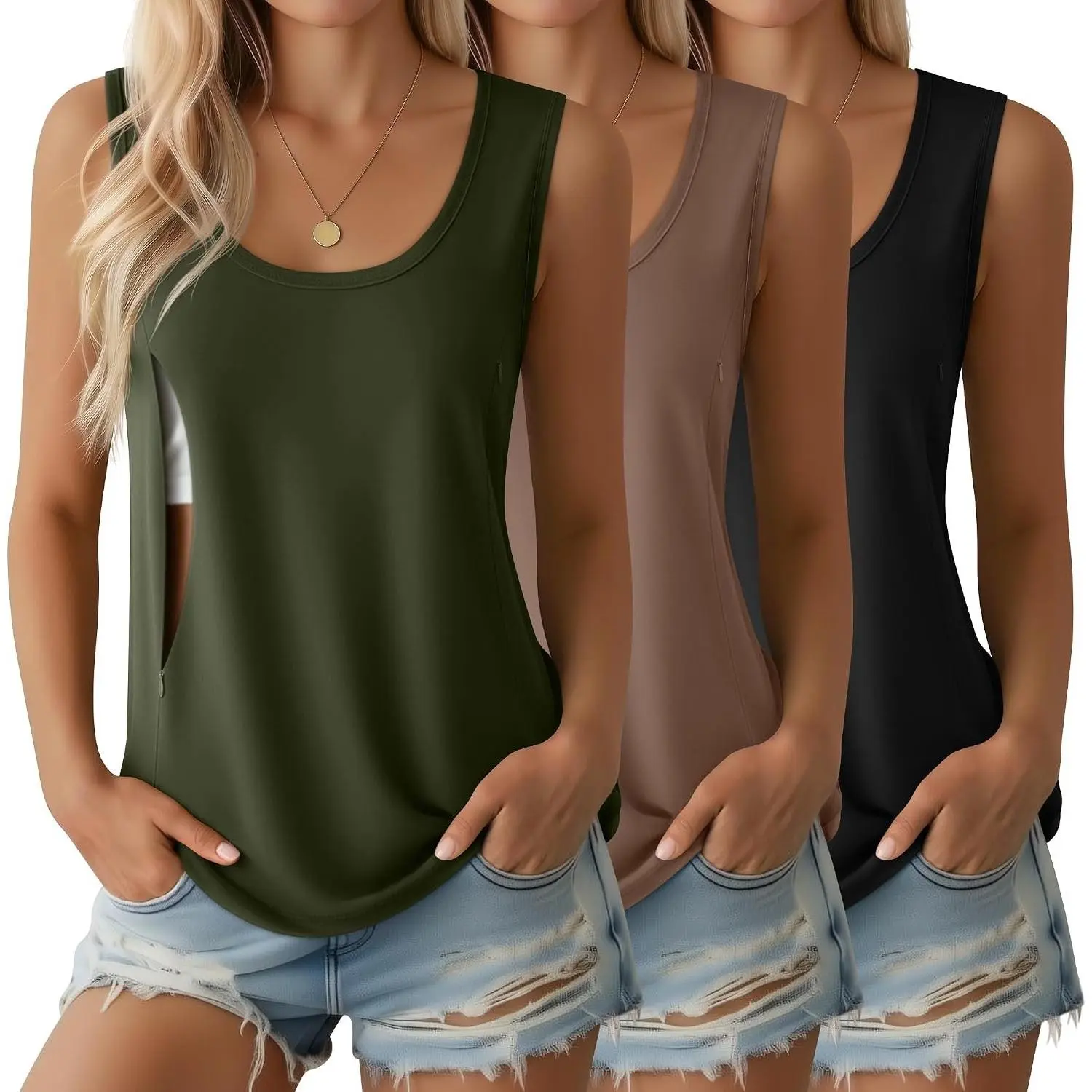 Women's 3-Pack Nursing Tank Tops - Sleeveless, Hidden Zippers, Loose Fit, Maternity Postpartum Pumping Shirts for Summer (Breastfeeding Compatible)
