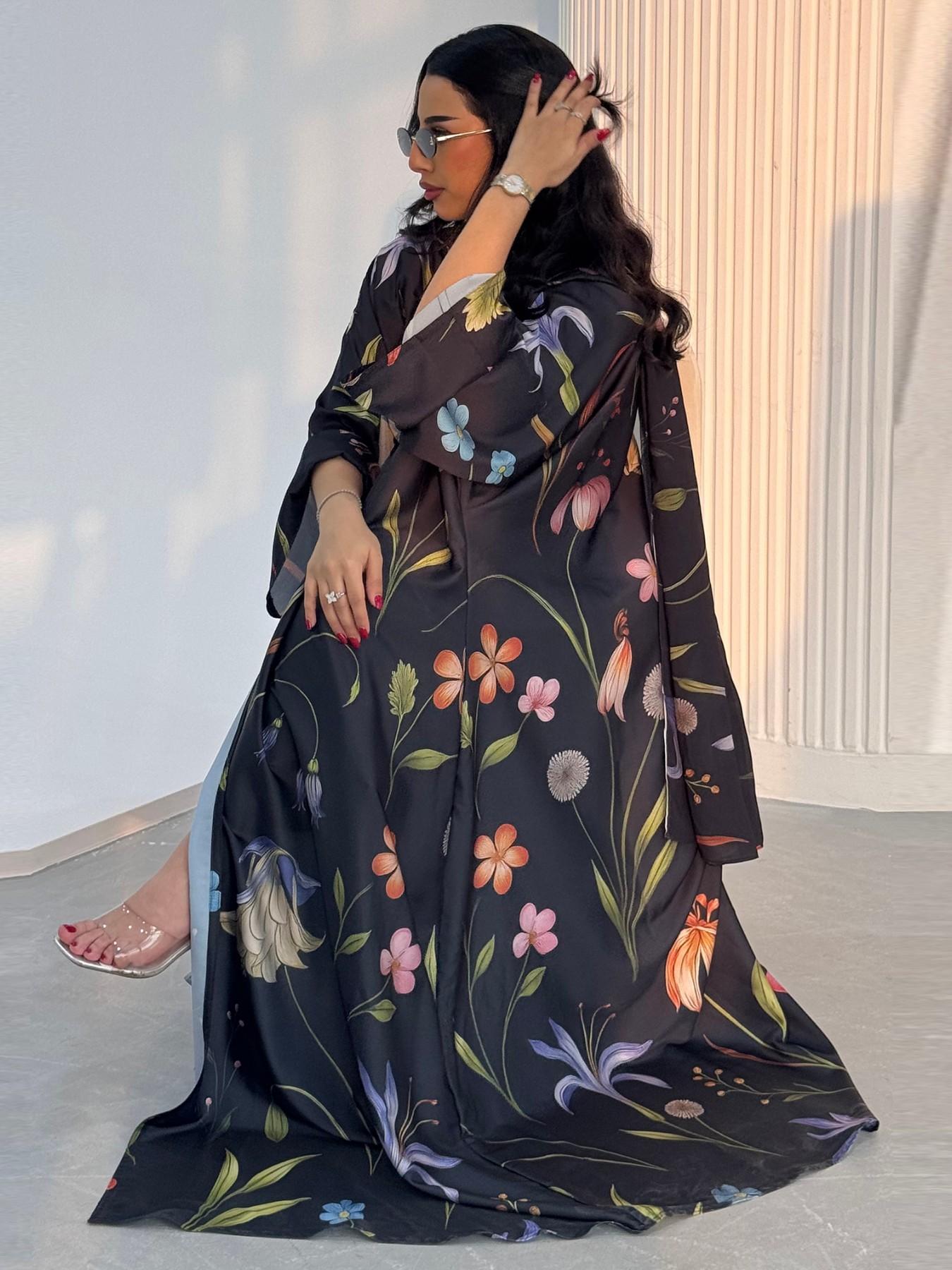 New Muslim Women's Loose Fit Open Front Robe, Printed Two-Piece Set with Headscarf, Casual Daily Wear, Comfortable and Stylish, Floral Abaya Set, Islamic Abaya, Muslim Clothing