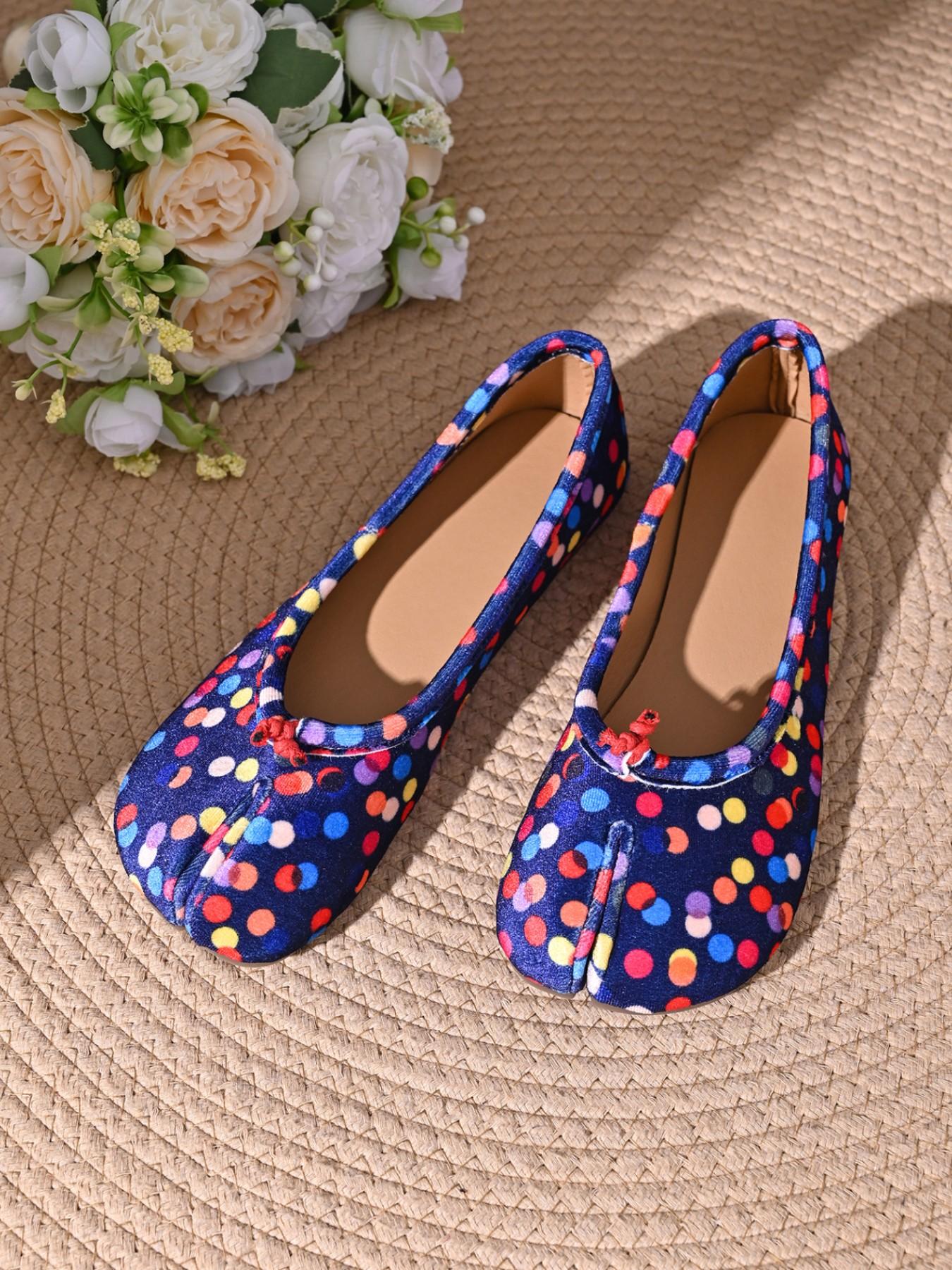 Women Colorful Polka Dot Split Toe Ballet Flats, Soft Fabric Slip On Casual Tabi Flat Shoes, Summer Flats