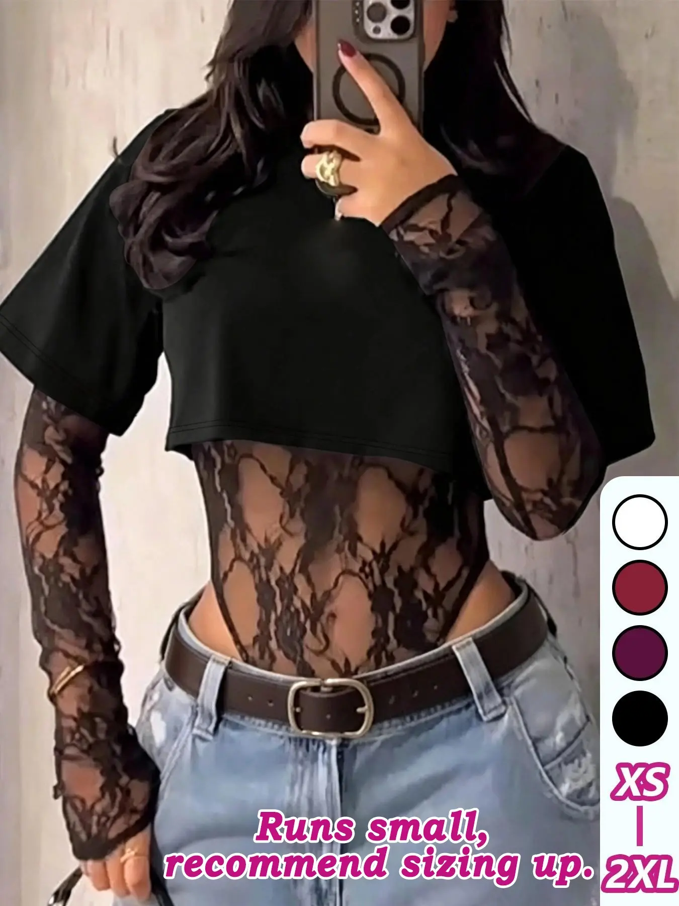Lace Patchwork Long Sleeve Bodysuit, Slim Fit T-Shirt Style, Y2K Layering Top for Daily Wear, Women's Bodysuit