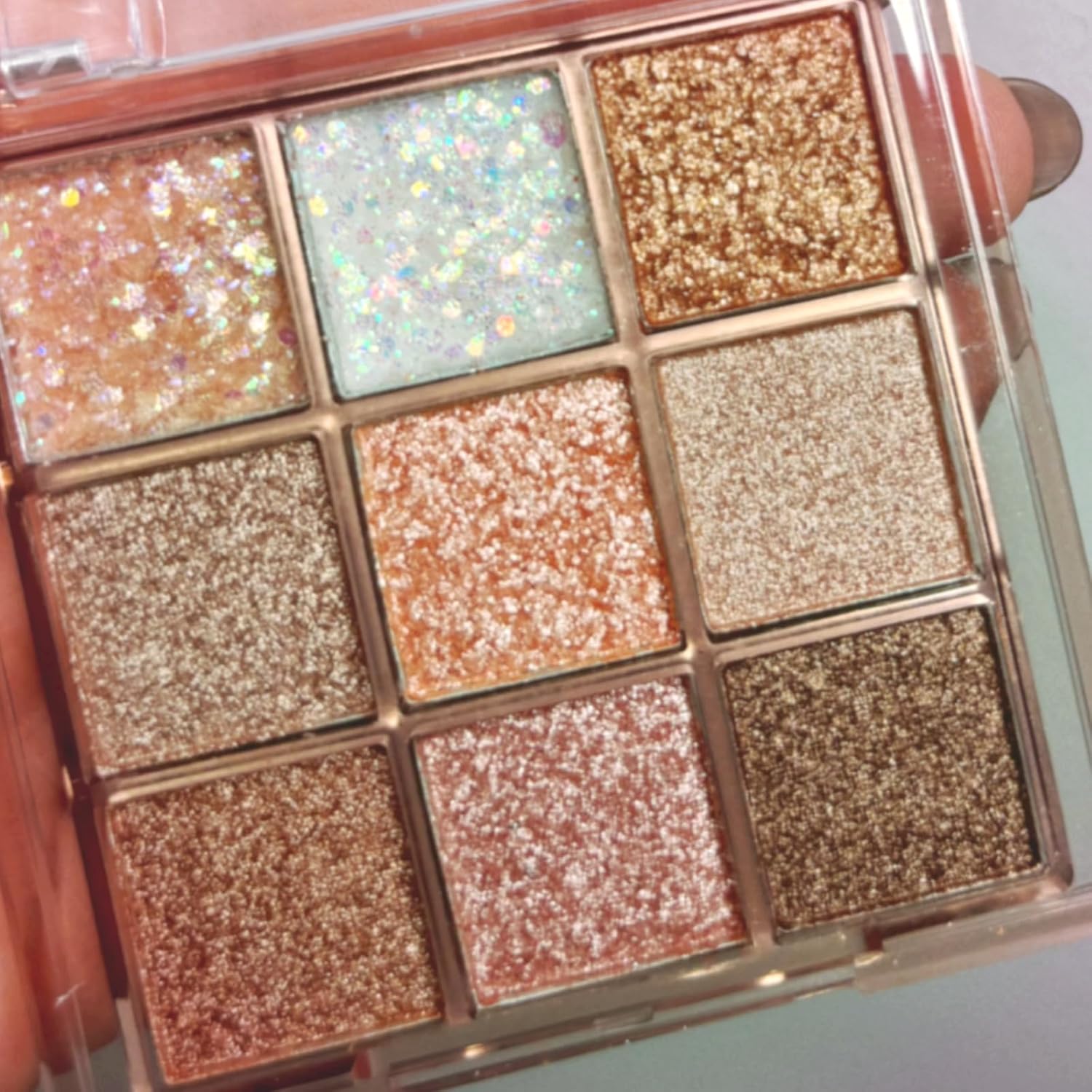 9-Color Korean Pigment-Rich Eyeshadow Palette, Cruelty-Free Cosmetic - Long-Lasting, Waterproof, Silky Smooth, Smudge-Proof - Pearl Powder Eye Make-Up with Shimmer, Glitter, Blend Easily Pink, Brown & Gold Shades