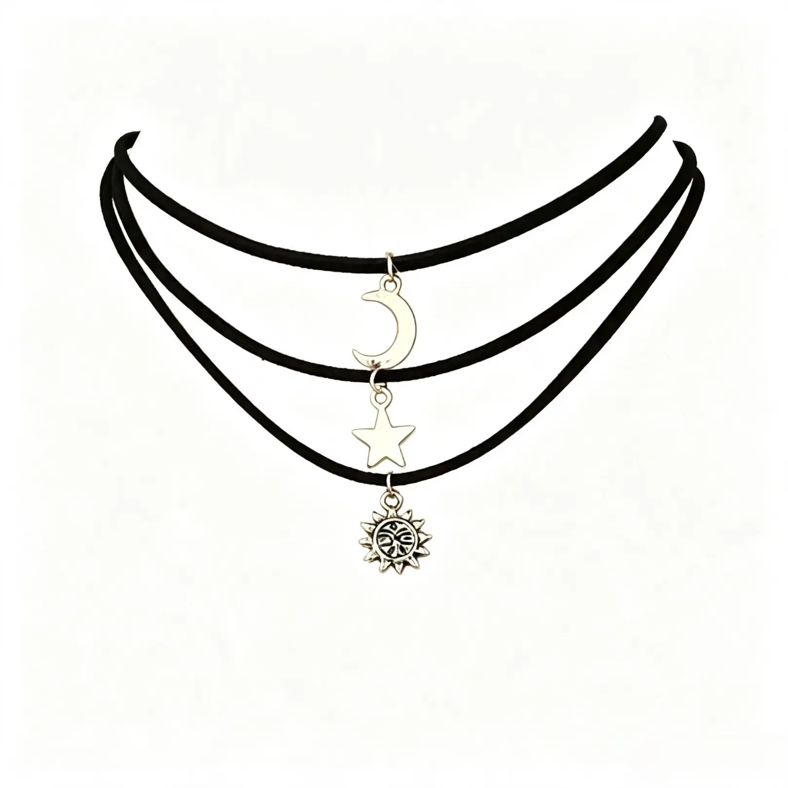 Boho 3-Piece Layered Choker Set With Celestial Moon Star Sun Pendants, Vintage Alloy Necklaces For Women, Casual Daily Accessory For Astronomy & Spiritual Styling