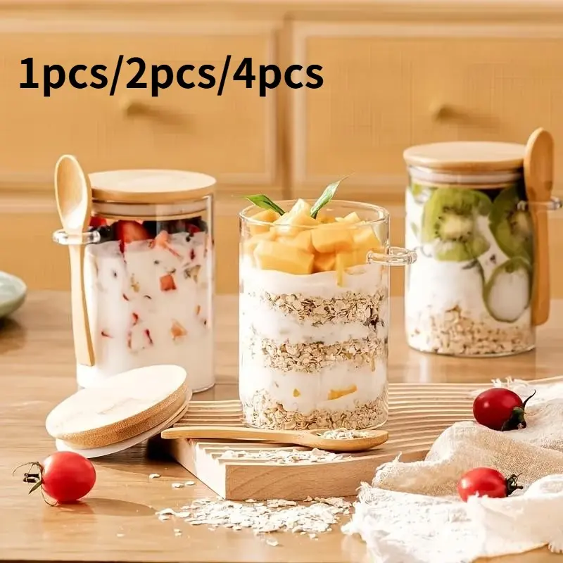 500ML Glass Food Storage Jar with Wooden Lid and Spoon, Glass Canisters Containers, Ideal for Breakfast Oatmeal, Yogurt, Fruit Salad, Snacks, Portable and Versatile