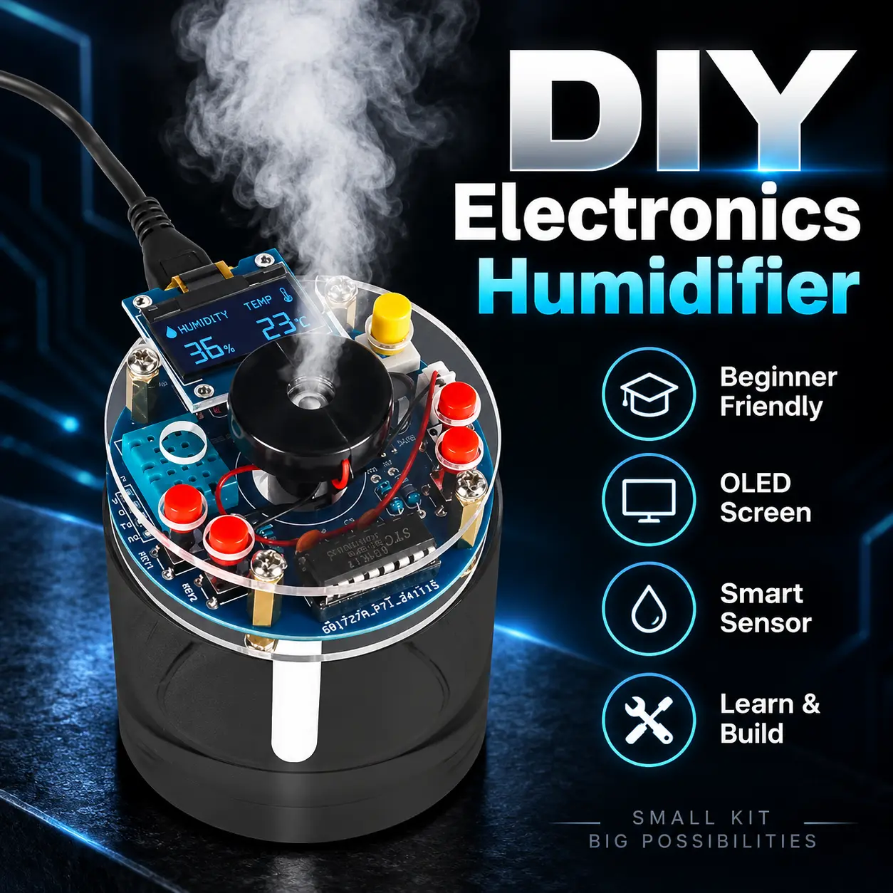 STEM DIY Electronics Humidifier Soldering Kit for Beginners, OLED Display Circuit Learning Project with Temperature and Humidity Sensor, Automatic Timer and Setting Memory for Hands-On Electronics Practice