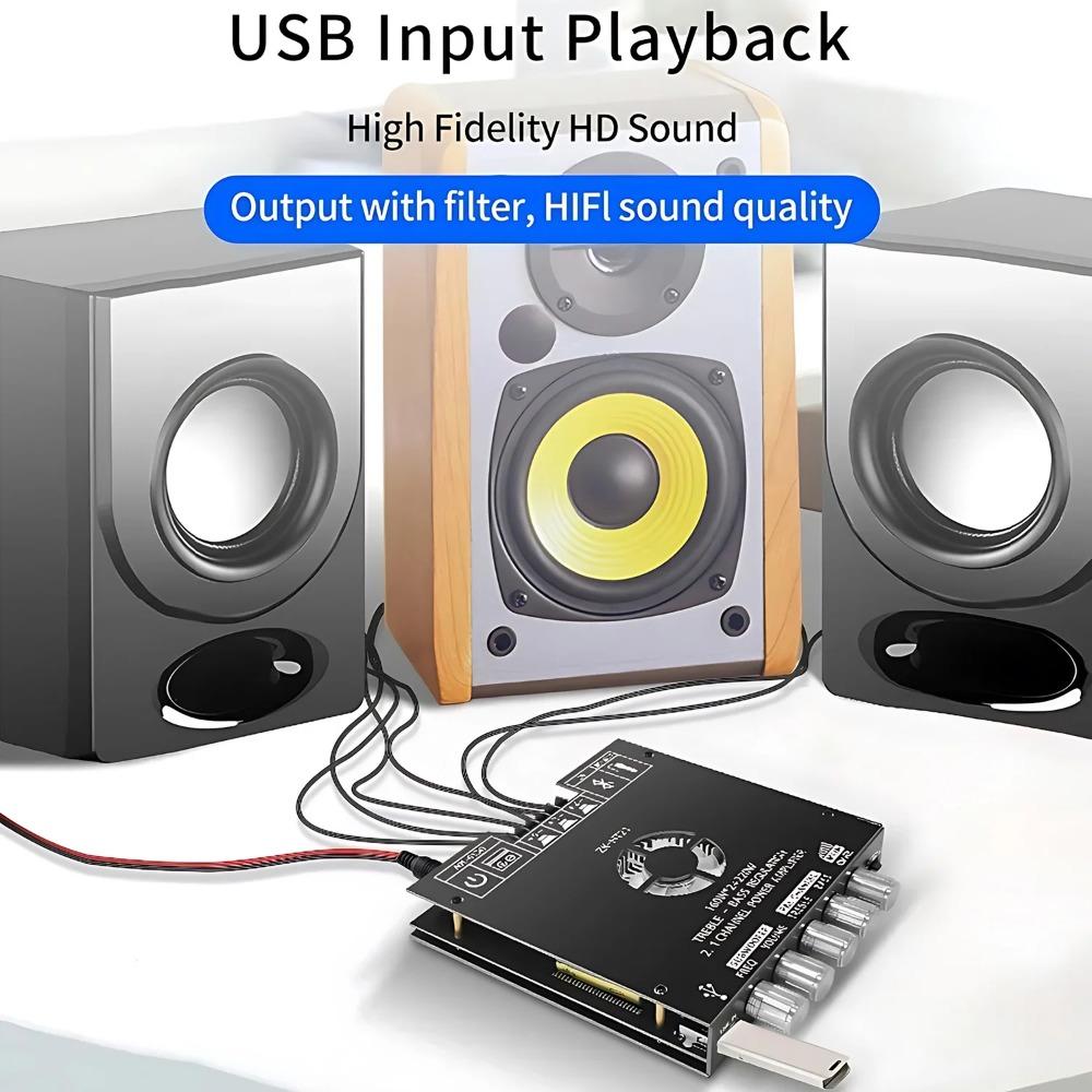 2.1CH 160W+220W Bluetooth 5.0 Audio Amplifier Board with USB/AUX Input, Adjustable Bass Treble Control, 15-36V DC Power for DIY Stereo Upgrade, Supports Subwoofer.