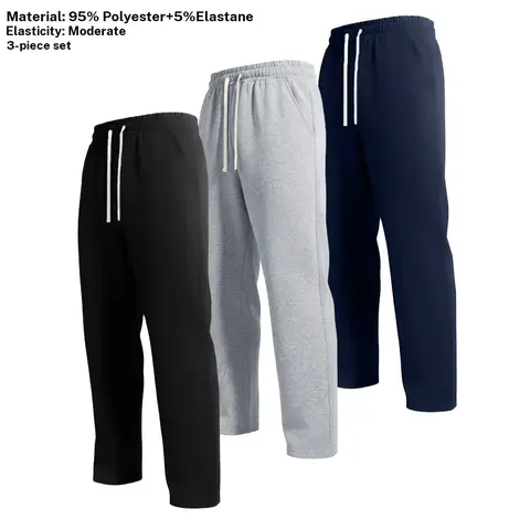 Men's 3-Piece Regular-Fit Monochrome Stretch Straight-Leg Polyester Sweatpants Set with Zipper - Navy, Gray Sweats for Casual, Athletic Use | Menswear for Athletes, Men's Sweatpants