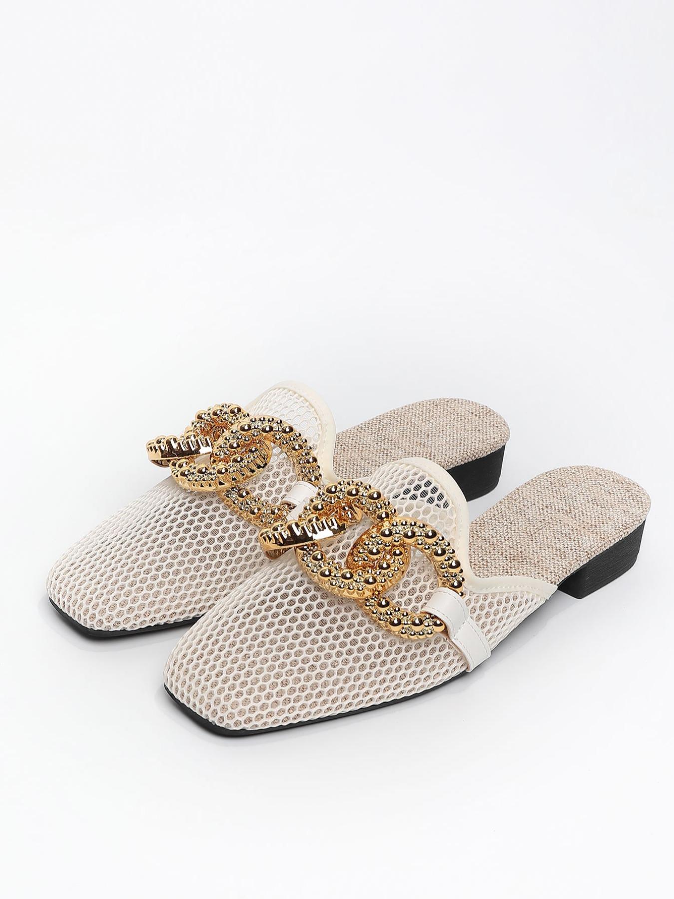 Women's Fashion Slip-On Sandals, Metal Chain Design, Breathable Mesh Upper, Eva Sole, Summer Casual Beach Shoes, Slip On Mules