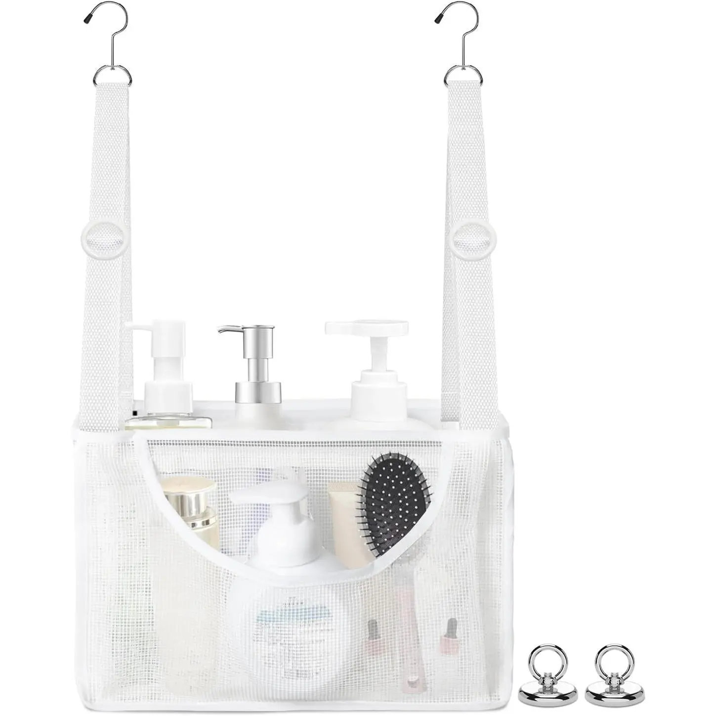 PVC Mesh Hanging Shower Caddy Organizer with 2pc Magnetic Hooks, Portable Adjustable Travel Bathroom Bag with Pockets for RV, Camping, Cruise, Dorm, Gym, White, 12“x5 x7（LxWxH）