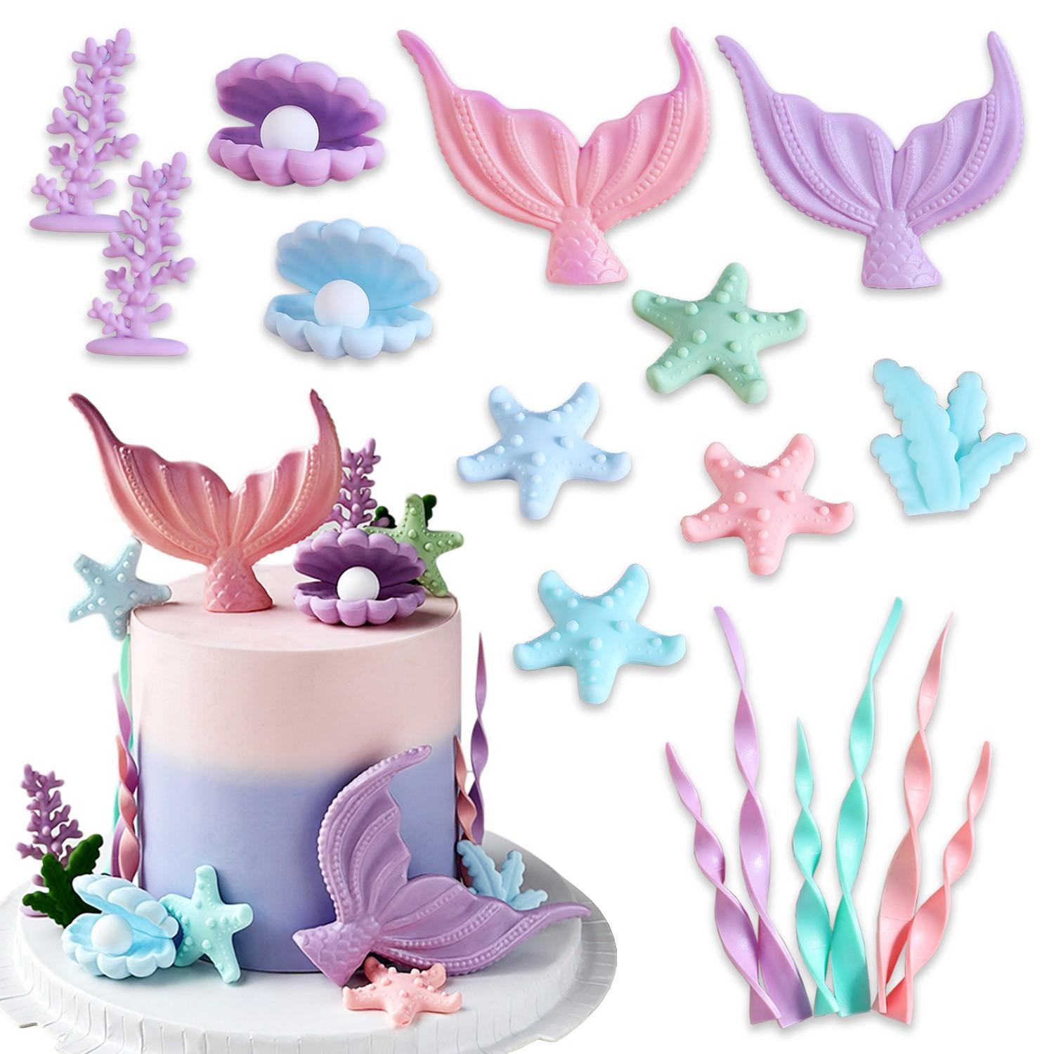 Mermaid Tail Ocean Cake Decoration Set, Trendy Underwater World Cake Toppers, Ocean Theme Kids Birthday Baking Decorations, Complete Kit