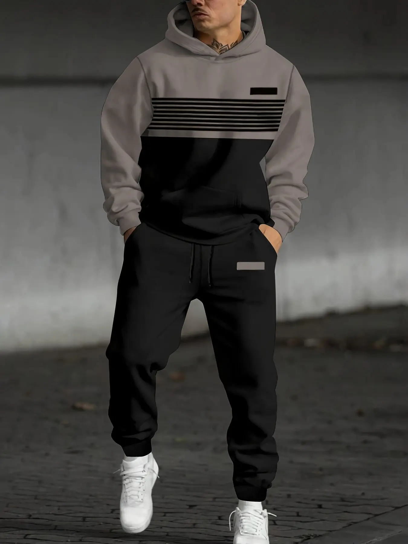 Men's Gray Black Striped Print Hoodie Set, Drawstring Kangaroo Pocket Sweatshirt, Long Pants, Casual Sportswear, Two-Piece