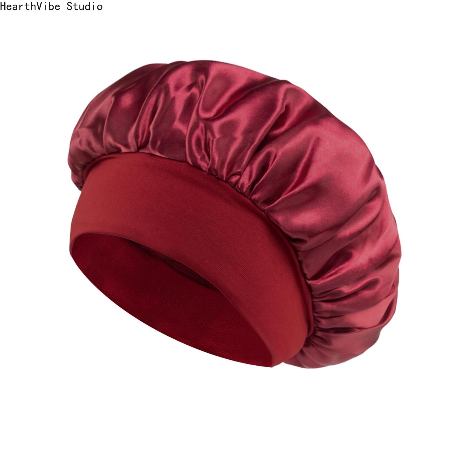 Women's Double-Layer Satin Shower Cap - Waterproof, Anti-Frizz, Wide-Brimmed Bath Bonnet for Salon Styles, Heatless Curls, Gift Option, Available in Navy, Gold, Sky Blue, Silky Solid Beauty Product