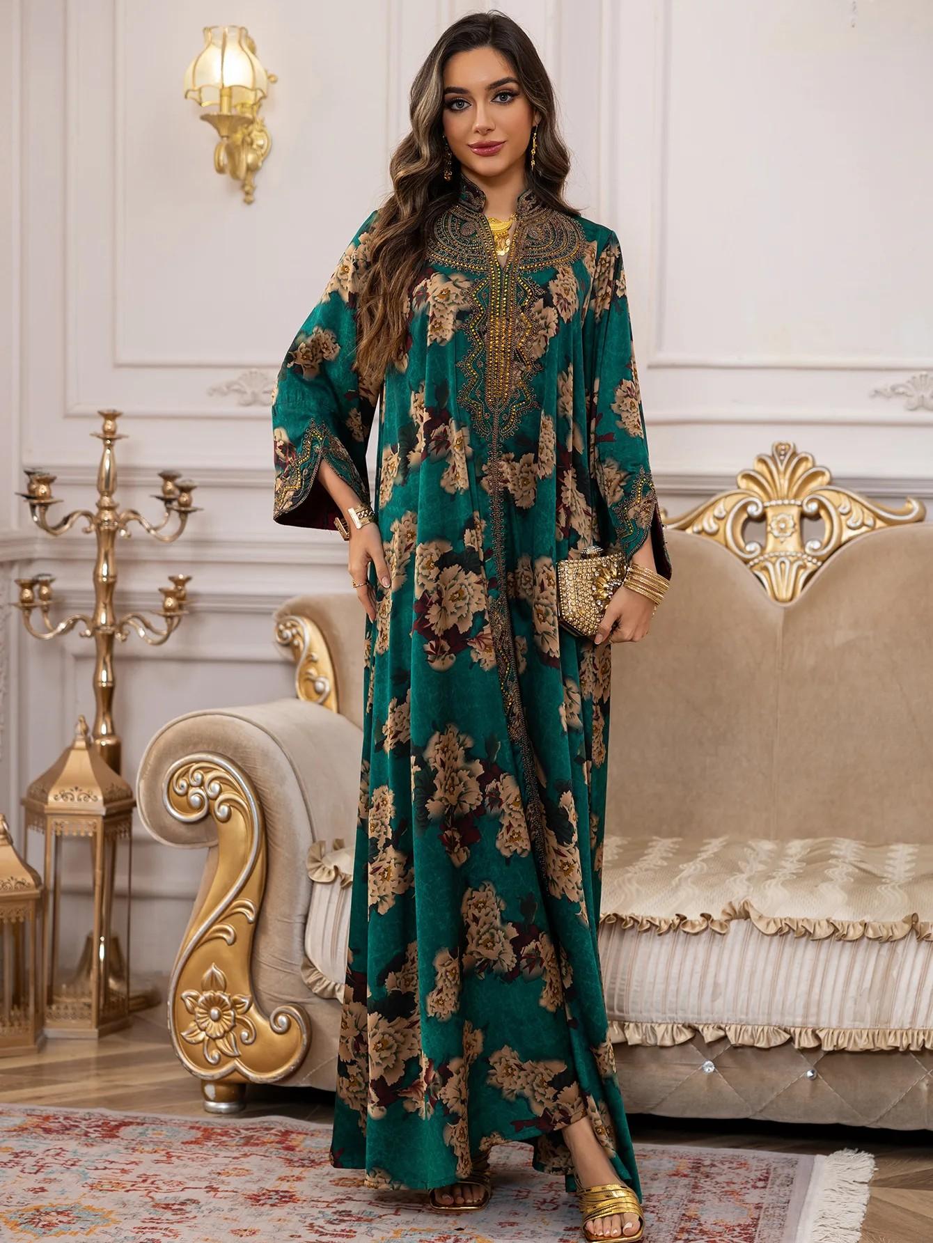 Middle Eastern Muslim Fashion Abaya, V-Neck Embroidered Ethnic Long Sleeve Dress, Modest Dresses, Modest Muslim Outfits, Modesty Muslim Clothing, Islamic Muslim Clothing, All Seasons Fitted Glossy Fabric, 103375 Model