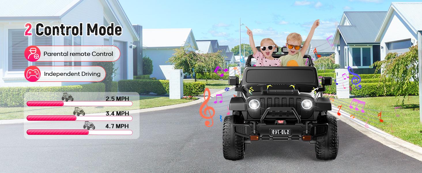 12V-24V Ride on Truck Car 1- 2 Seater Ride Kids Electric Car - 7Ah Large Battery Kids Electric Vehicles with Remote Control, 4WD Kids Jeep 3 Speeds LED Lights, Horn, Music for Kids Aged Black