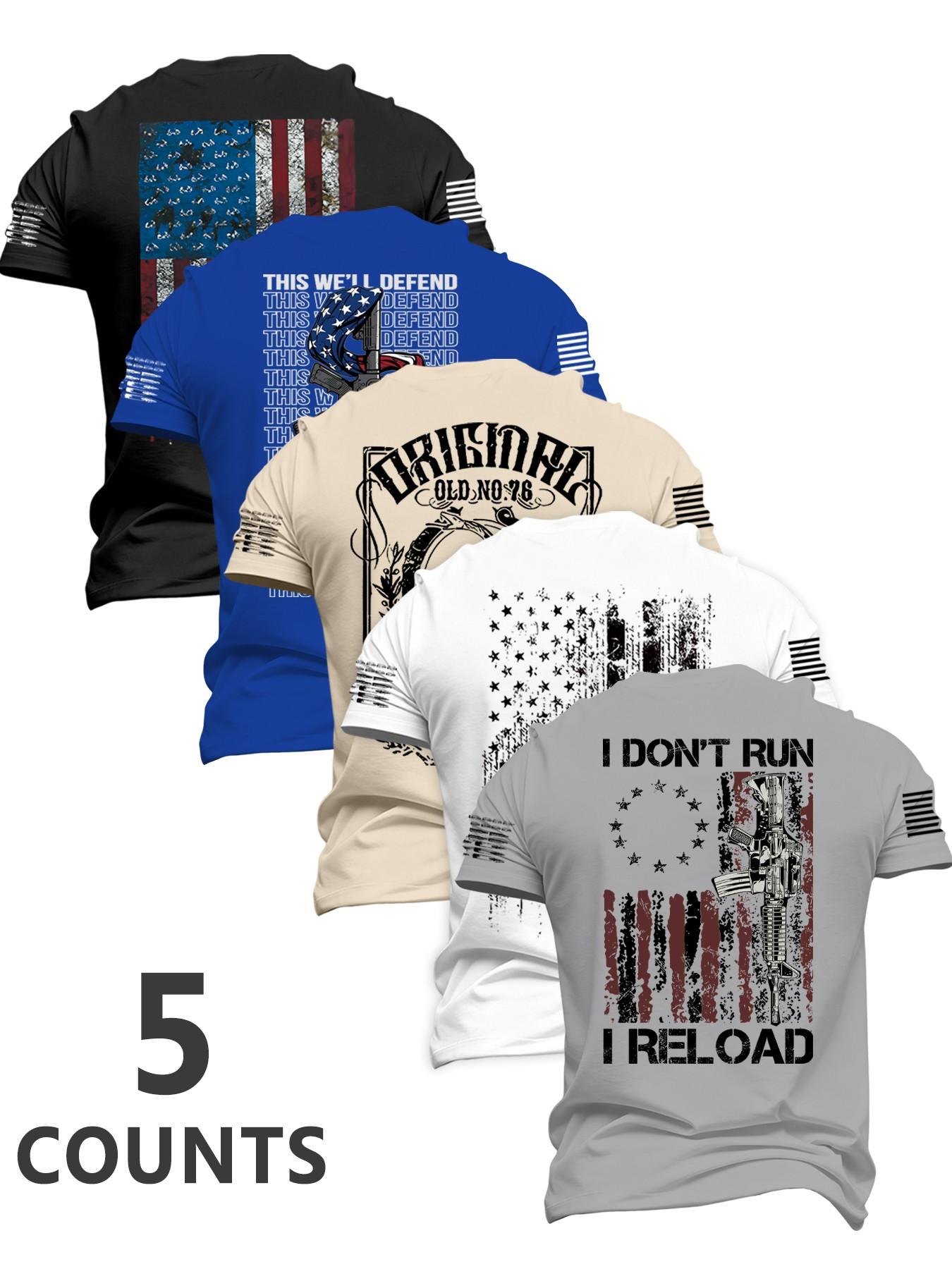 Men's Fashion Stylish Classic Round Neck Casual Short Sleeve T-Shirt, Summer Comfortable Flag Print Outdoor Tee, 5 Pack Set, Perfect for Boyfriend Daily Wear, Menswear