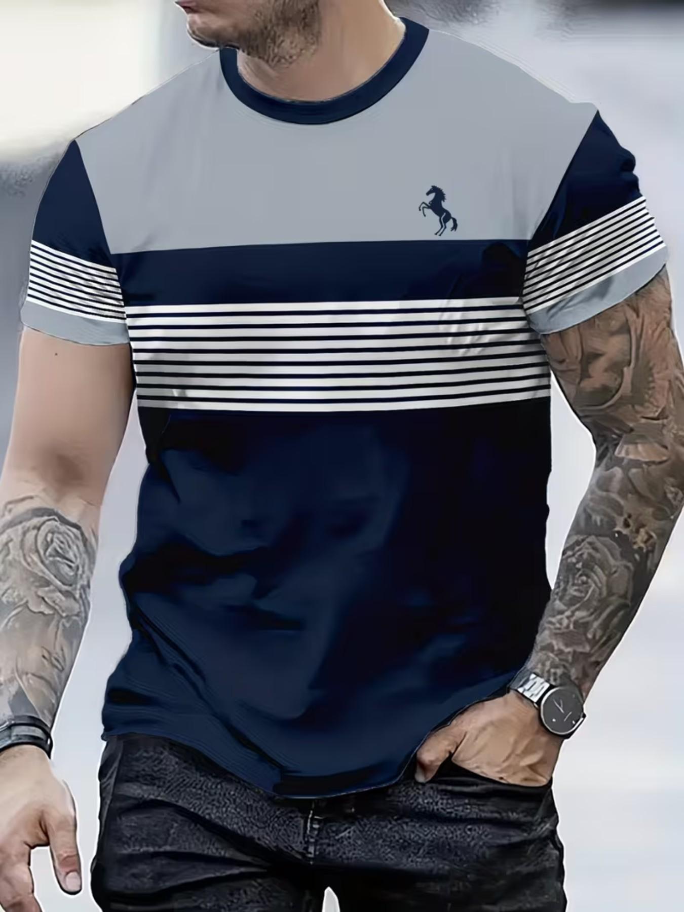 Men's Casual T-Shirt, Lightweight Polyester, All over Print, Slim-Fitting, Round Neck, Four-Season Comfort, Fashionable Daily Wear