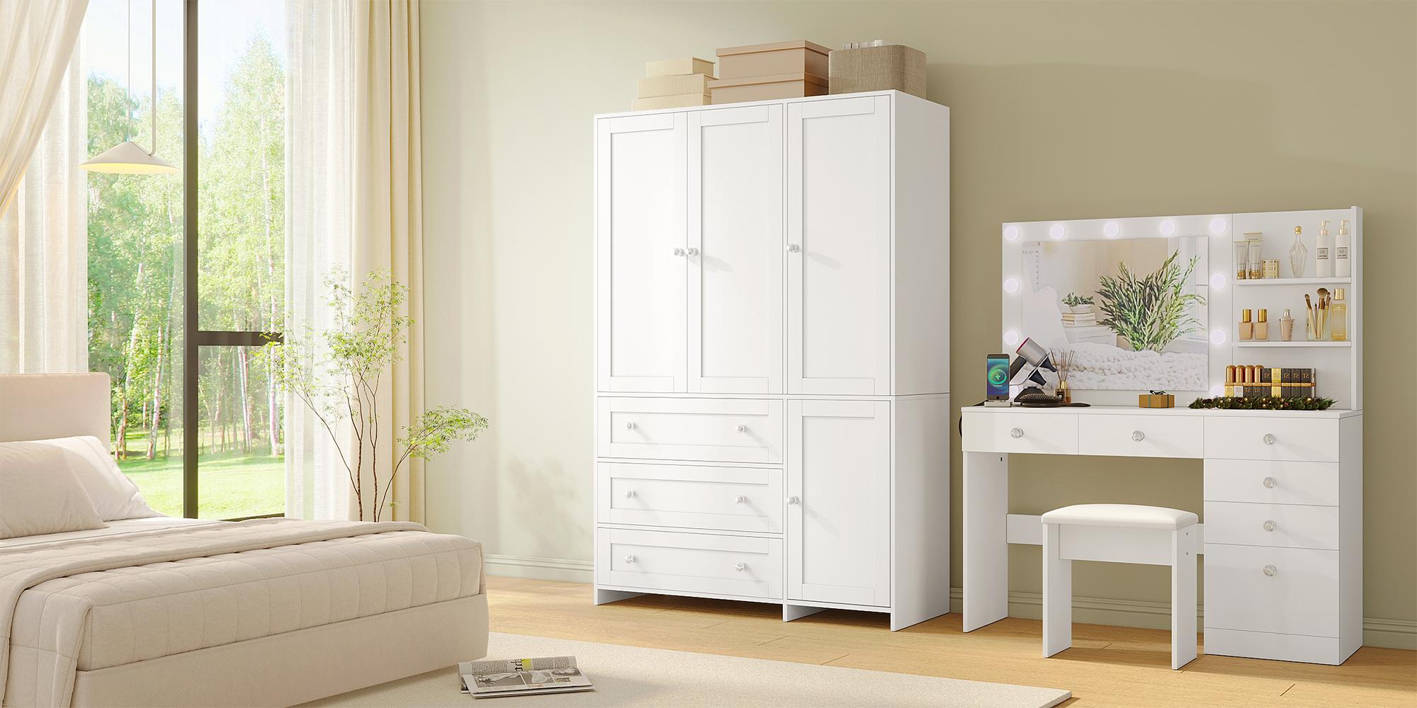 【2 Packages Delivery】VOWNER Wardrobe Closet Armoire Storage Cabinet 3 Doors with Hanging Rod for Hanging Clothes Bedroom Large Capacity Tall Freestanding Armoire Organizer with Shelves particle board