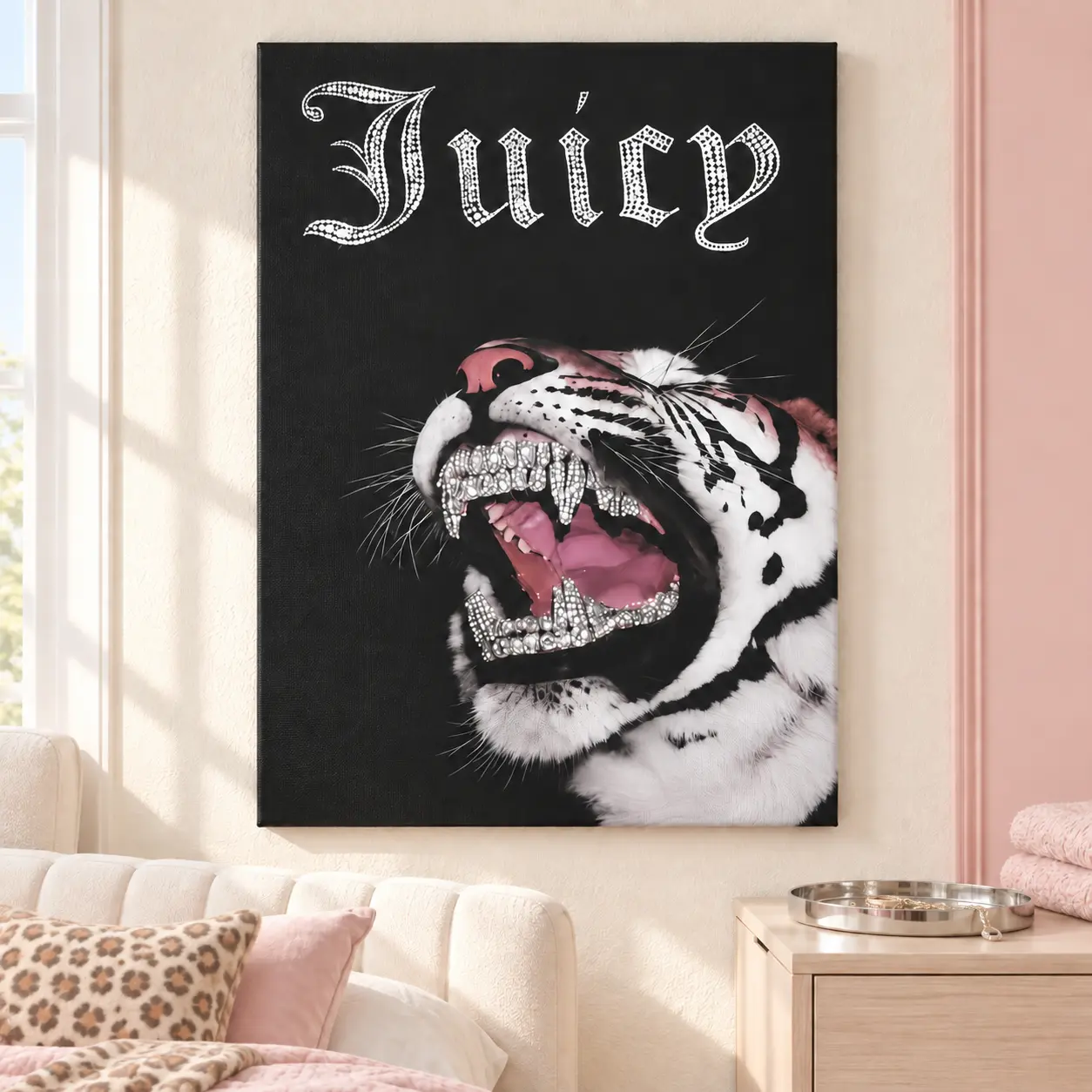 Leopard Grillz Canvas Wall Art, Y2K Baddie Aesthetic Poster Print, Retro Hip Hop Artwork with HD Printing, 2000s Swag Style Decor for Bedroom Gaming Room Office Apartment, Trendy Streetwear Wall Hanging, Modern Urban Accent