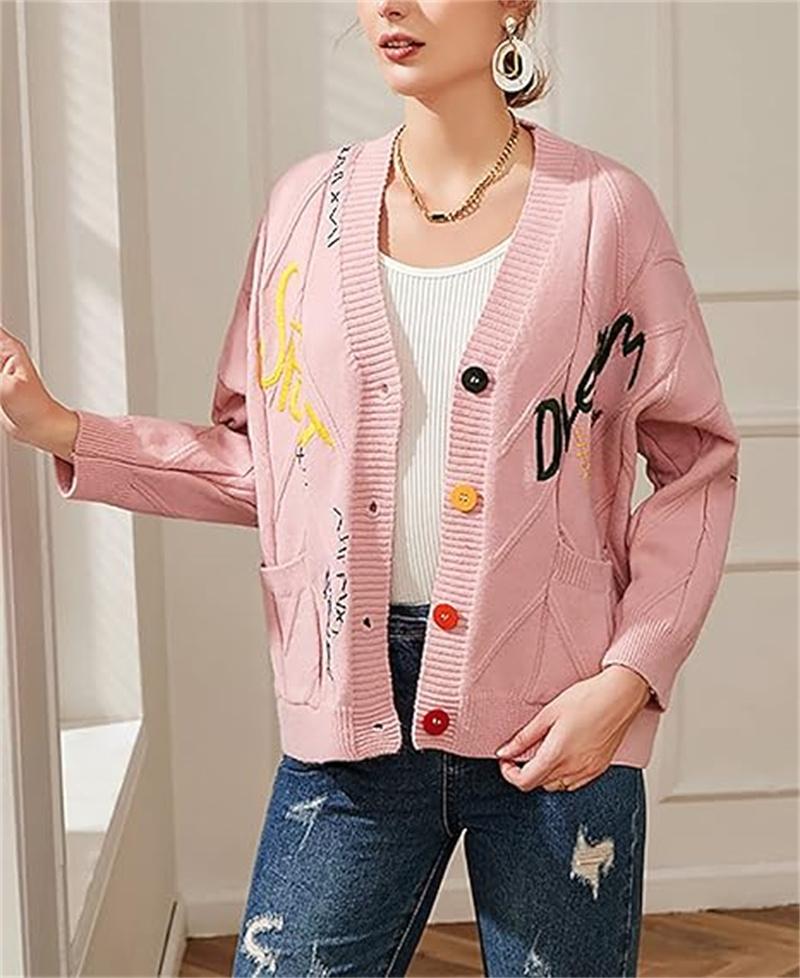 Womens Open Front Cardigan Cable Knit Long Sleeve Button Down Embroidery Cardigan Sweaters