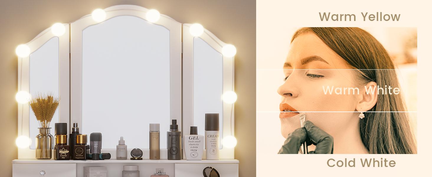 Sikaic Makeup Vanity with Lighted Mirror and Stool, Vanity Table Set with 5 Drawers, 3 Light Settings, White Furniture Bedroom