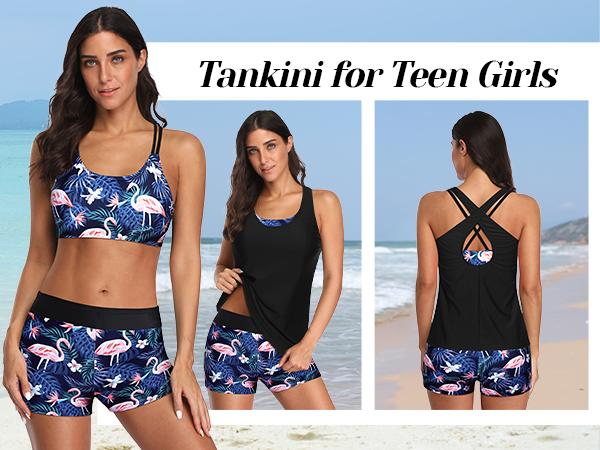 Holipick Three Piece Tankini Set Swimsuits for Women Bathing Suits Swim Tank Top with Bra Boy Shorts Teens Girls Swimwear