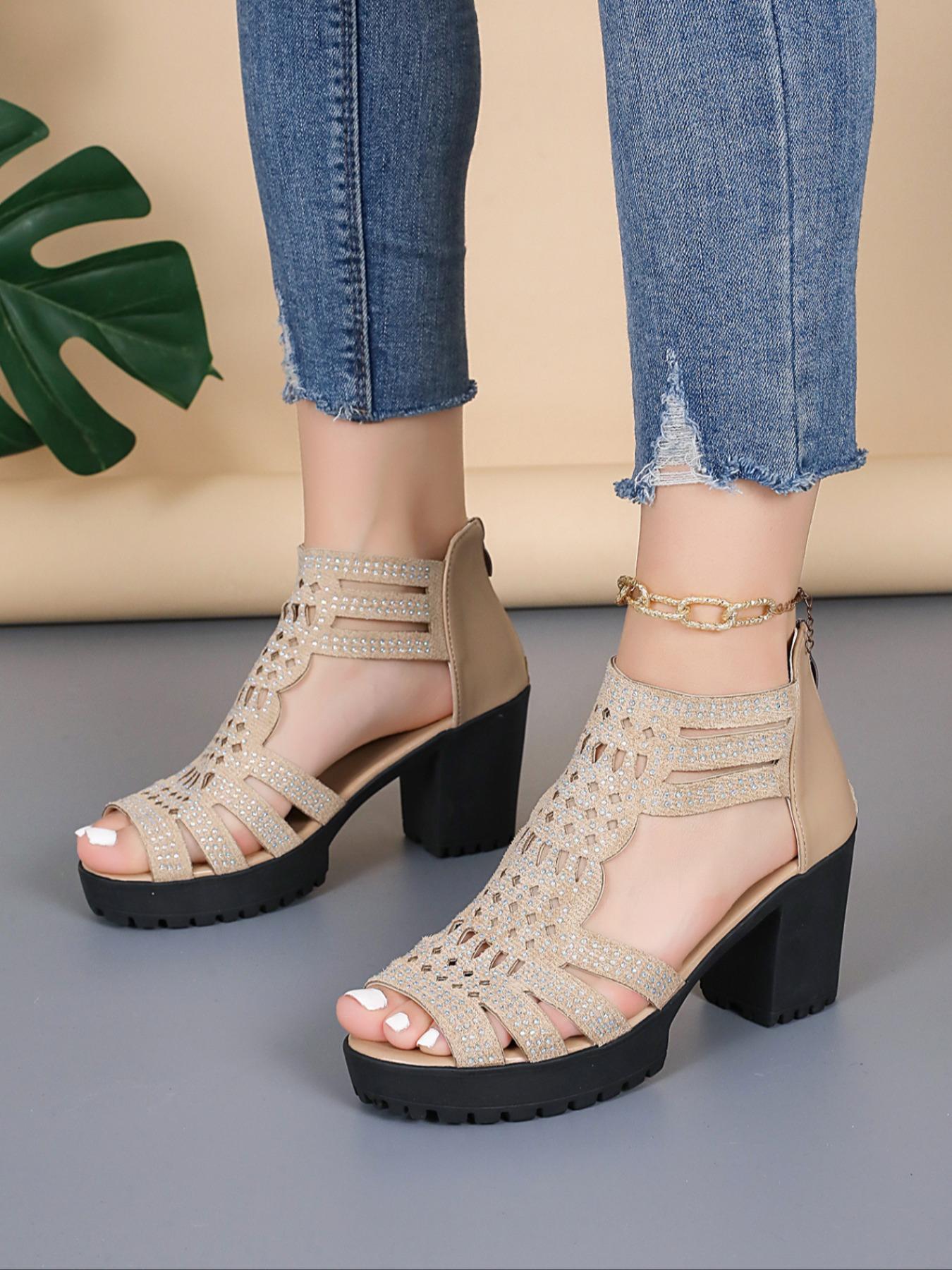 Women's Fashionable Hollow Out Design Chunky Heeled Sandals, High Heeled Sandals, Casual Comfortable Sandals for Daily Wear, Trendy All-match Shoes for Daily Wear, Girl