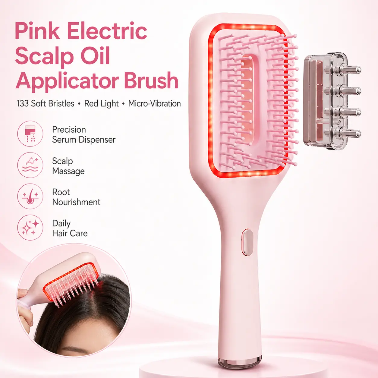 Pink Electric Scalp Oil Applicator Brush with 133 Soft Plastic Bristles, Red Light, Micro-Vibration Massage, Precision Hair Serum Dispenser for Daily Use Scalp Care, Root Nourishment, Hair Wellness