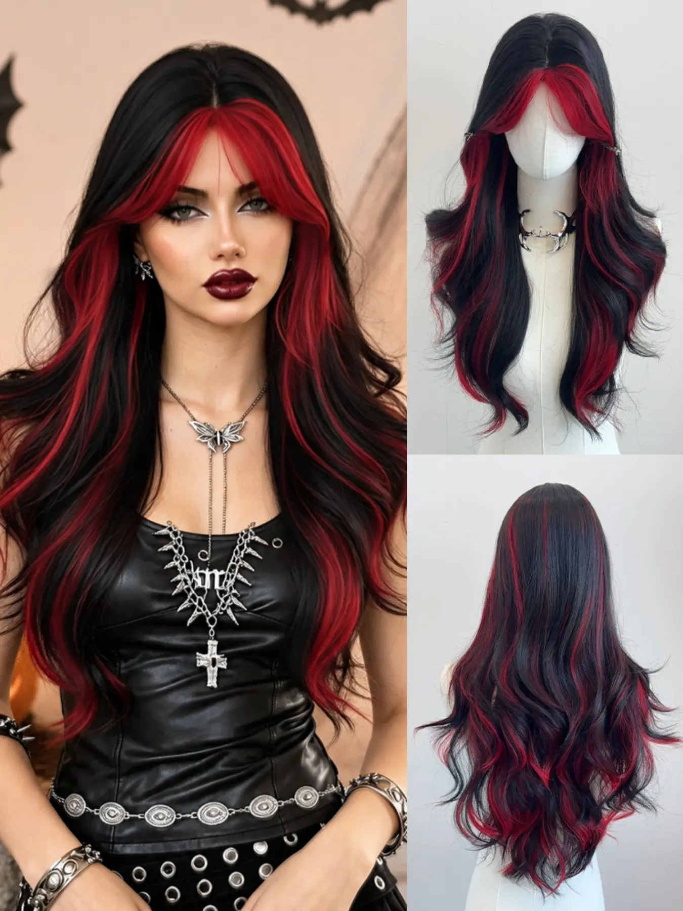 26 Inch Highlight Big Wavy Wig,Black And Red  Cool Y2K Gothic Heat Resistant Synthetic Wig, Breathable Rose Mesh Cap Simulated Scalp, For Women Halloween Themed Party Cosplay