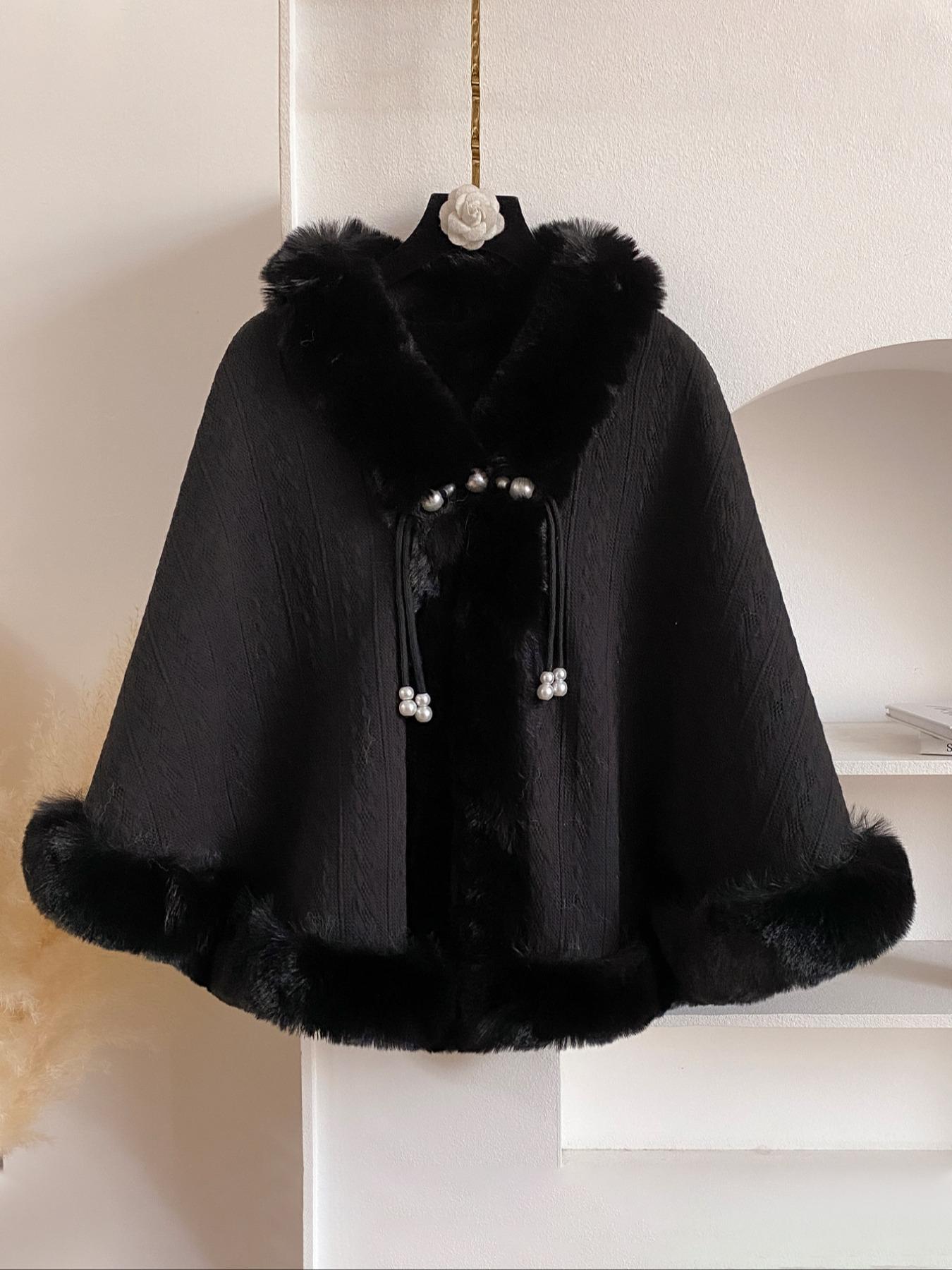 Women's Solid Color Contrast Faux Fur Cape Shawl, Casual Warm Shawl for Fall & Winter, Fashion Accessories for Daily Wear, Soft Warm Shawl
