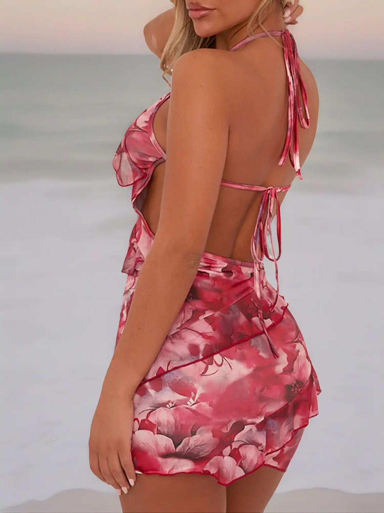 Women's Summer Strapless Belted Dress, Hip Frill Decoration, Fashionable Sexy Party Mini Dress, Sleeveless Floral Print, Slim-Fitting, Elegant Romantic Dress